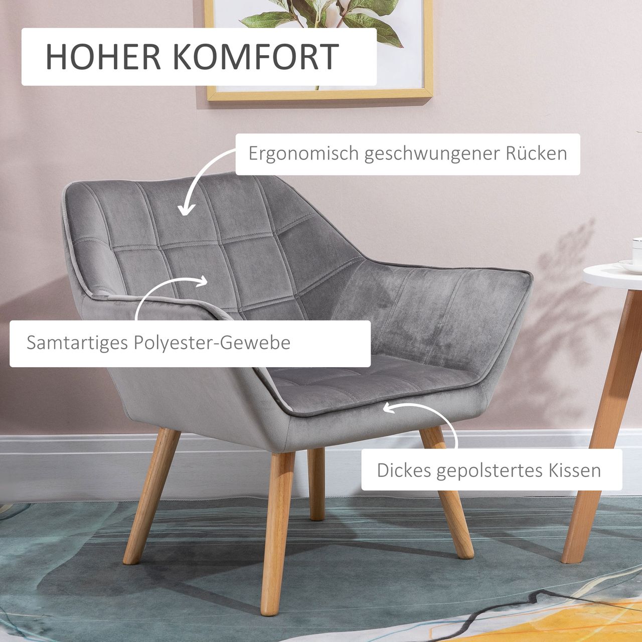 HOMCOM Einzelsessel Armlehnsessel Relaxsessel mit Holzbeine, Samtoptik, Grau