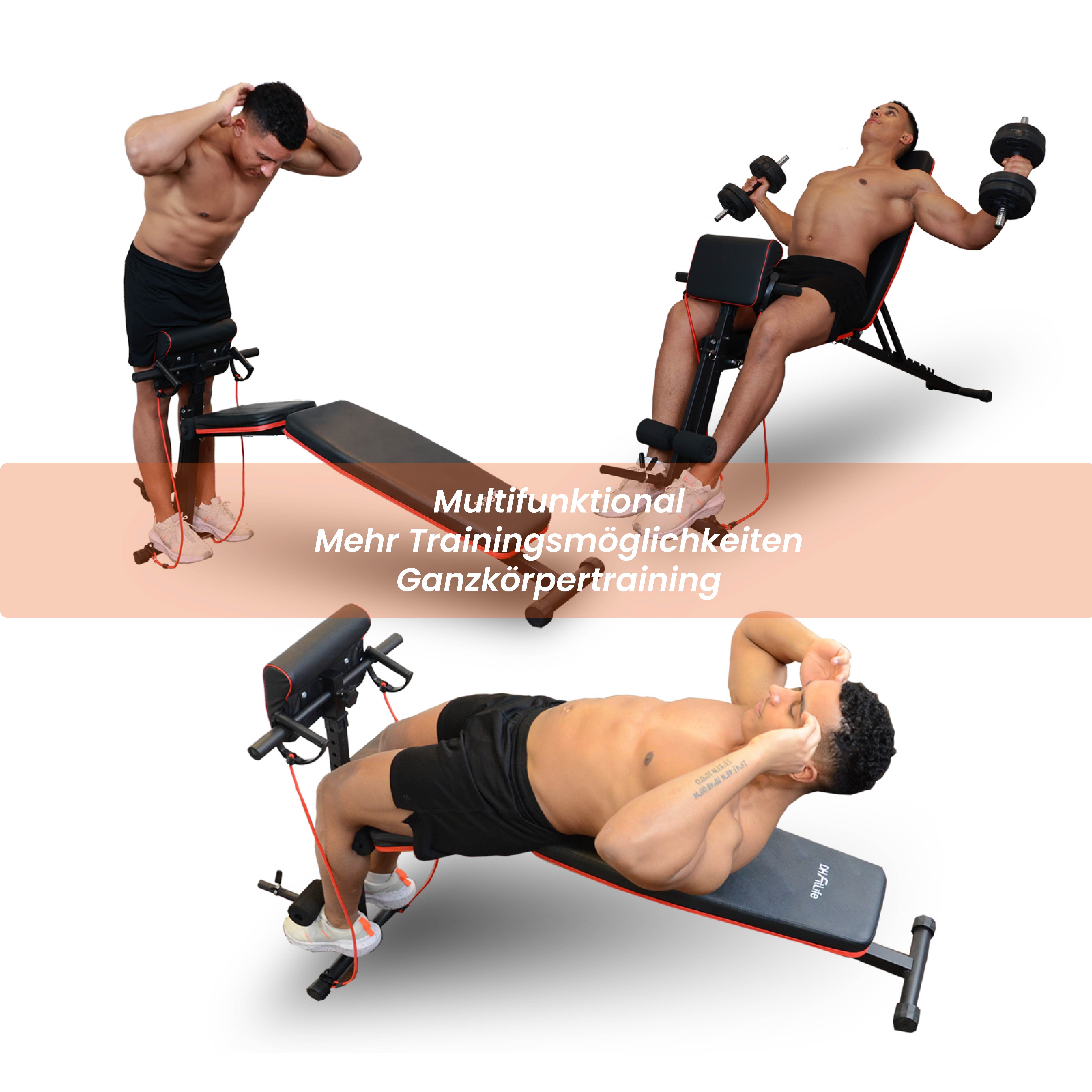DH FitLife Hantelbank klappbar verstellbar, (Schrägbank & Flachbank für Bankdrücken, Rückentrainer u. Bauchtrainer), Trainingsbank Fitnessbank multifunktional für Fitness u. Krafttraining