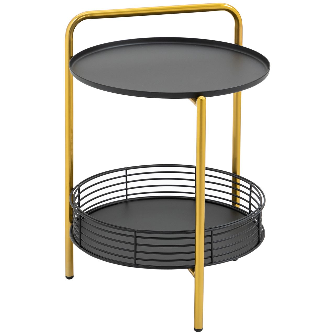 HOMCOM Beistelltisch 2-in-1 Design Rund Nachttisch Couchtisch mit Ablagen Serviertablett Industrie-Design Sofatisch Kaffeetisch für Schlafzimmer Wohnzimmer Stahl Schwarz Gold 43 x 45 x 61,5 cm