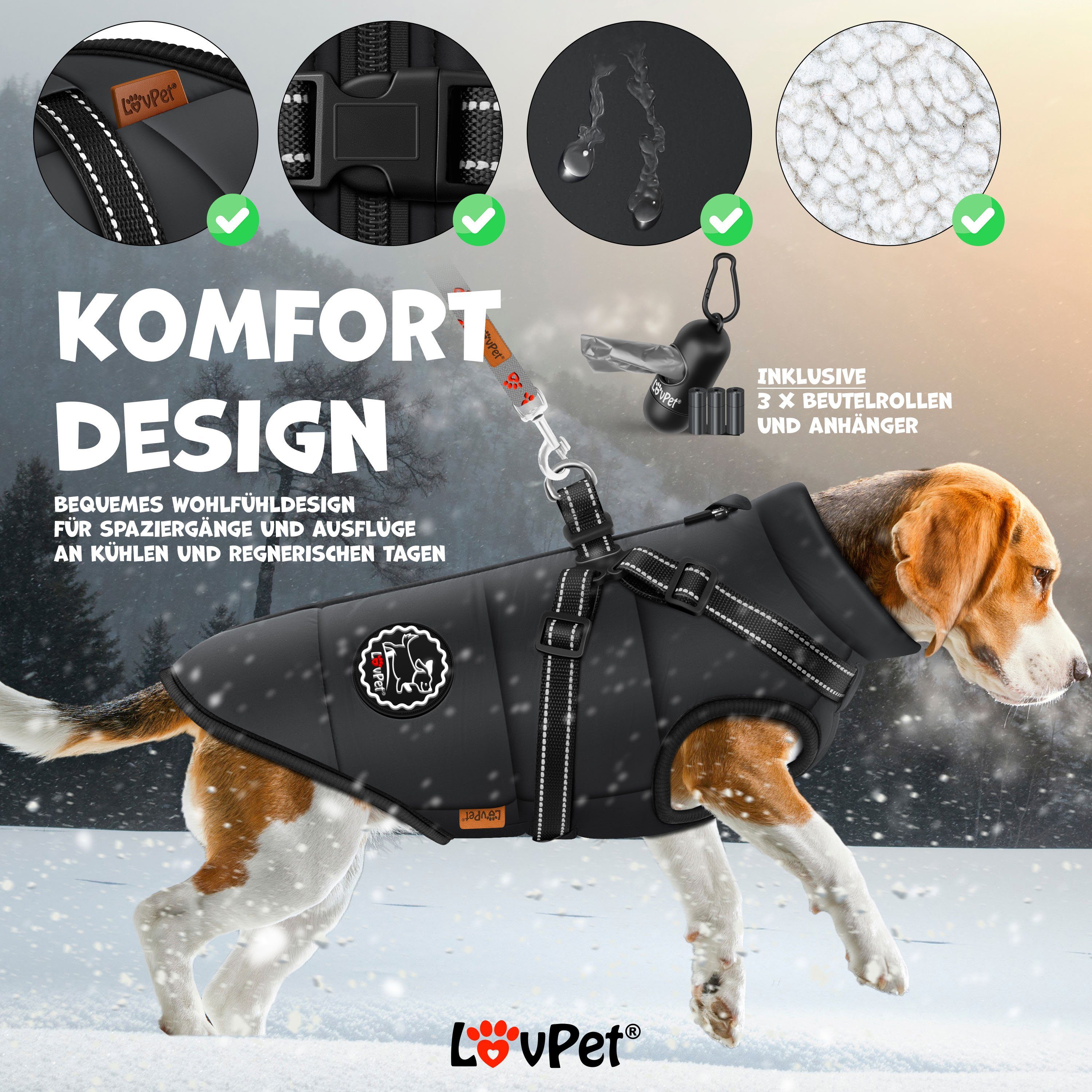 Lovpet Hundejacke, Hundemantel mit Geschirr, inkl. 45 Stück Kotbeutel +Spender