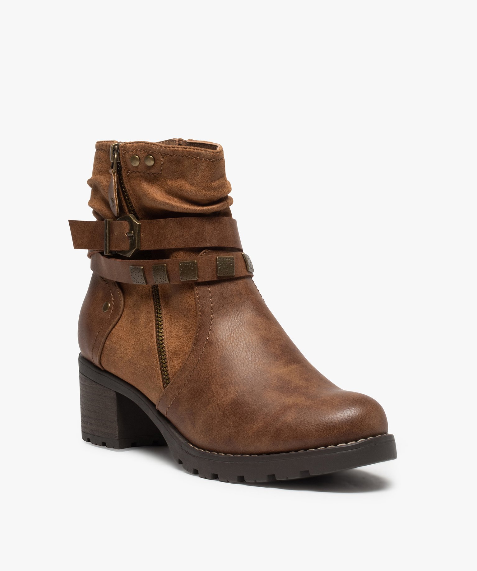 Boots femme zippées à talon carré et semelle crantée camel | GEMO