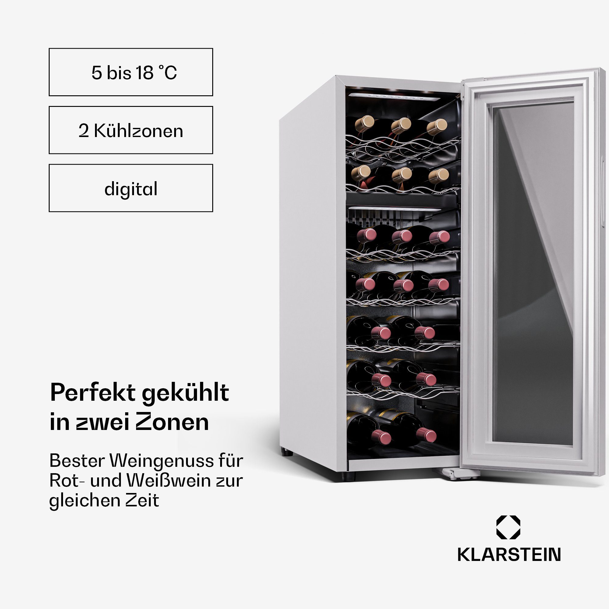 Klarstein Weinkühlschrank Shiraz 18 Duo, für 18 Standardflaschen á 0,75l,Wein Flaschenkühlschrank Weintemperierschrank Weinschrank Kühlschrank
