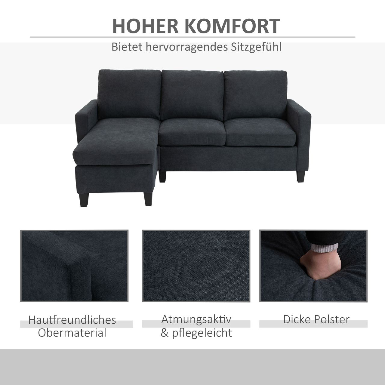HOMCOM Ecksofa Couchgarnitur mit wendbarer Chaiselongue Dunkelgrau