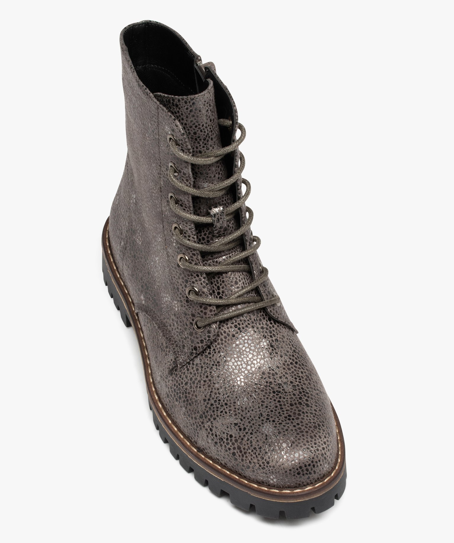 Boots lacées à semelle crantée et reflets brillants femme gris | GEMO