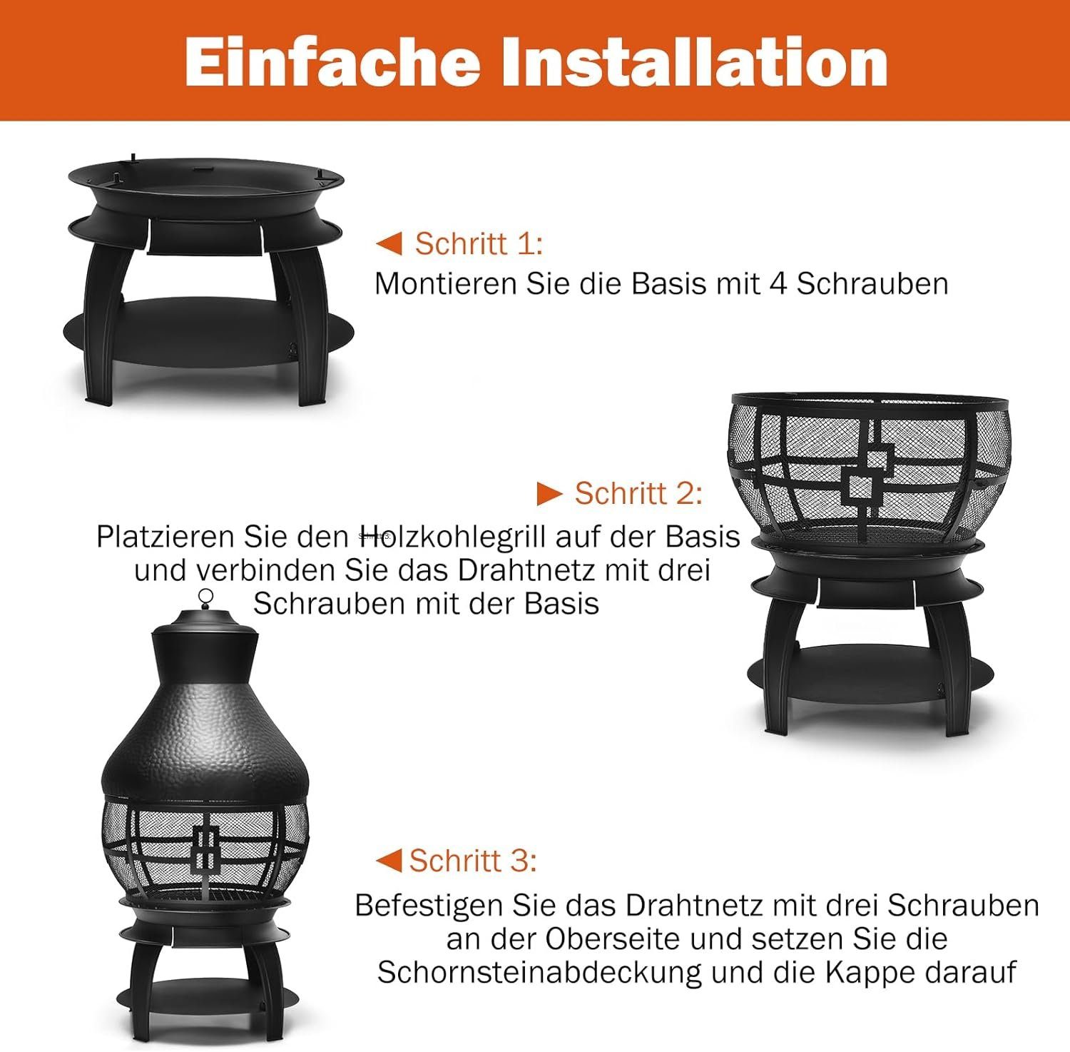 KOMFOTTEU Feuerkorb Terrassenofen, mit Funkenschutzgitter, Deckel, Holzkohlerost & Schürhaken