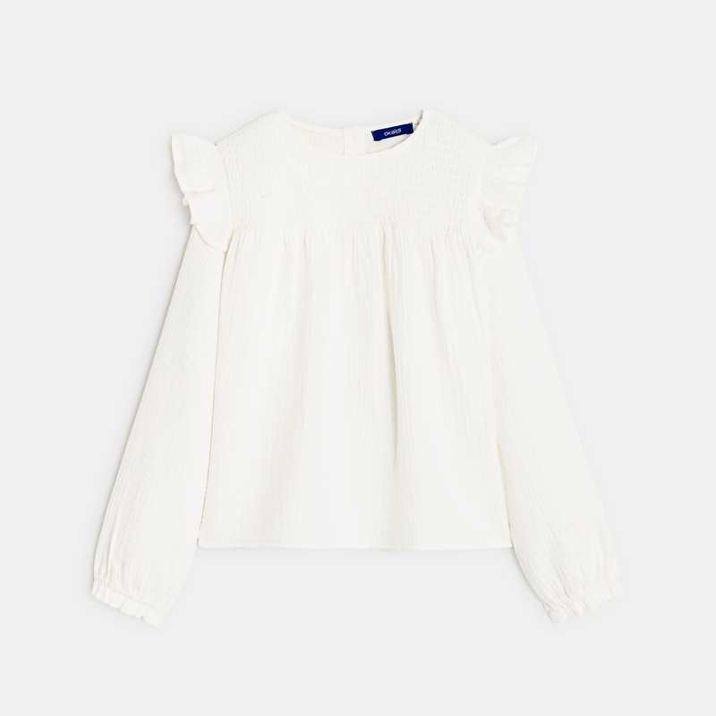Blouse à smocks en gaze de coton blanche fille