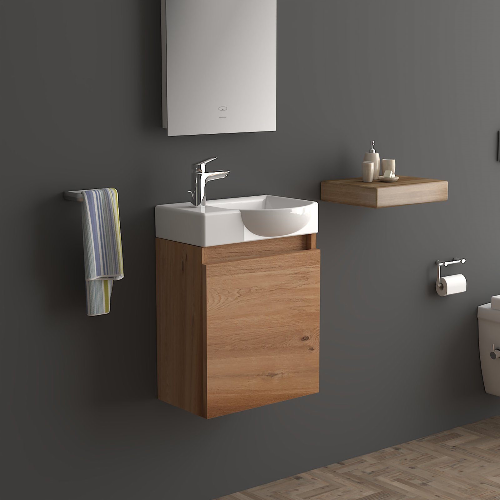 Alpenberger Badmöbel-Set Badschrank in Bamboo Optik mit Keramik Waschbecken, (2-tlg., Badmöbel Set Vormontiert), Eckig ovales Becken mit Überlauf, eintüriger Badschrank mit Softclose