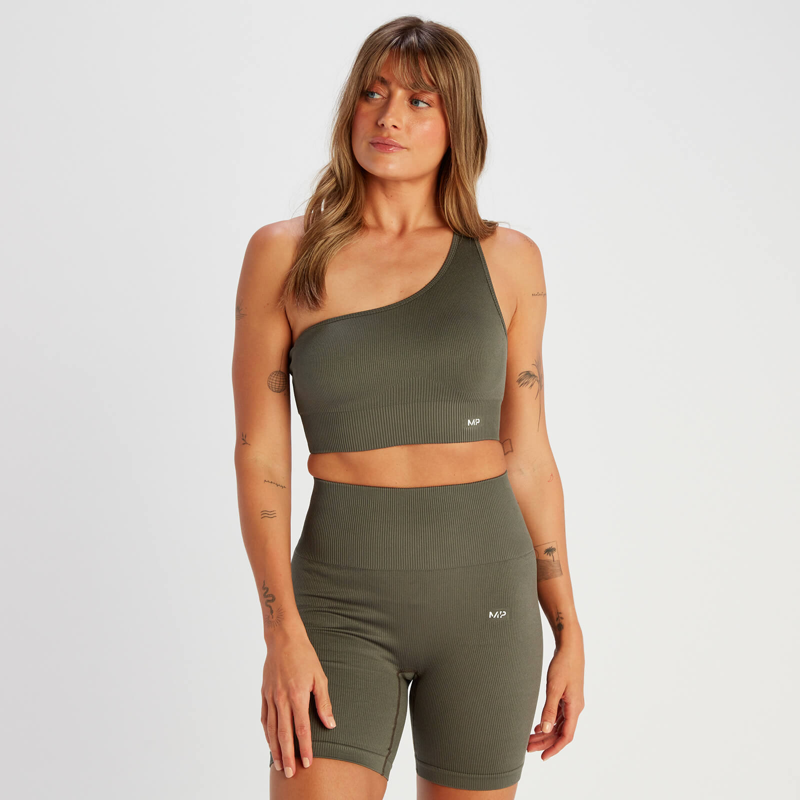 Brassière asymétrique côtelée sans coutures MP Tempo pour femmes – Vert taupe