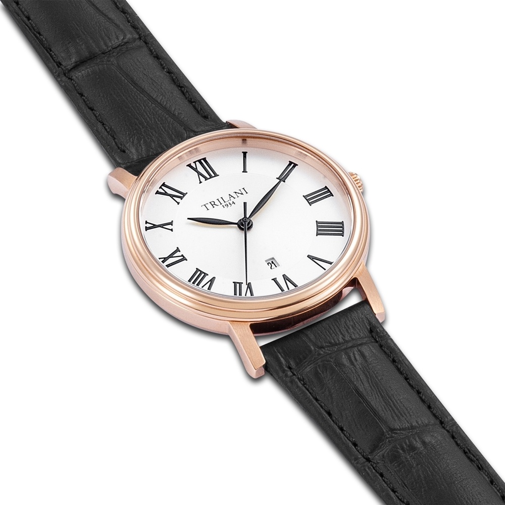 Trilani Montre à quartz en Cuir véritable en Noir Montre