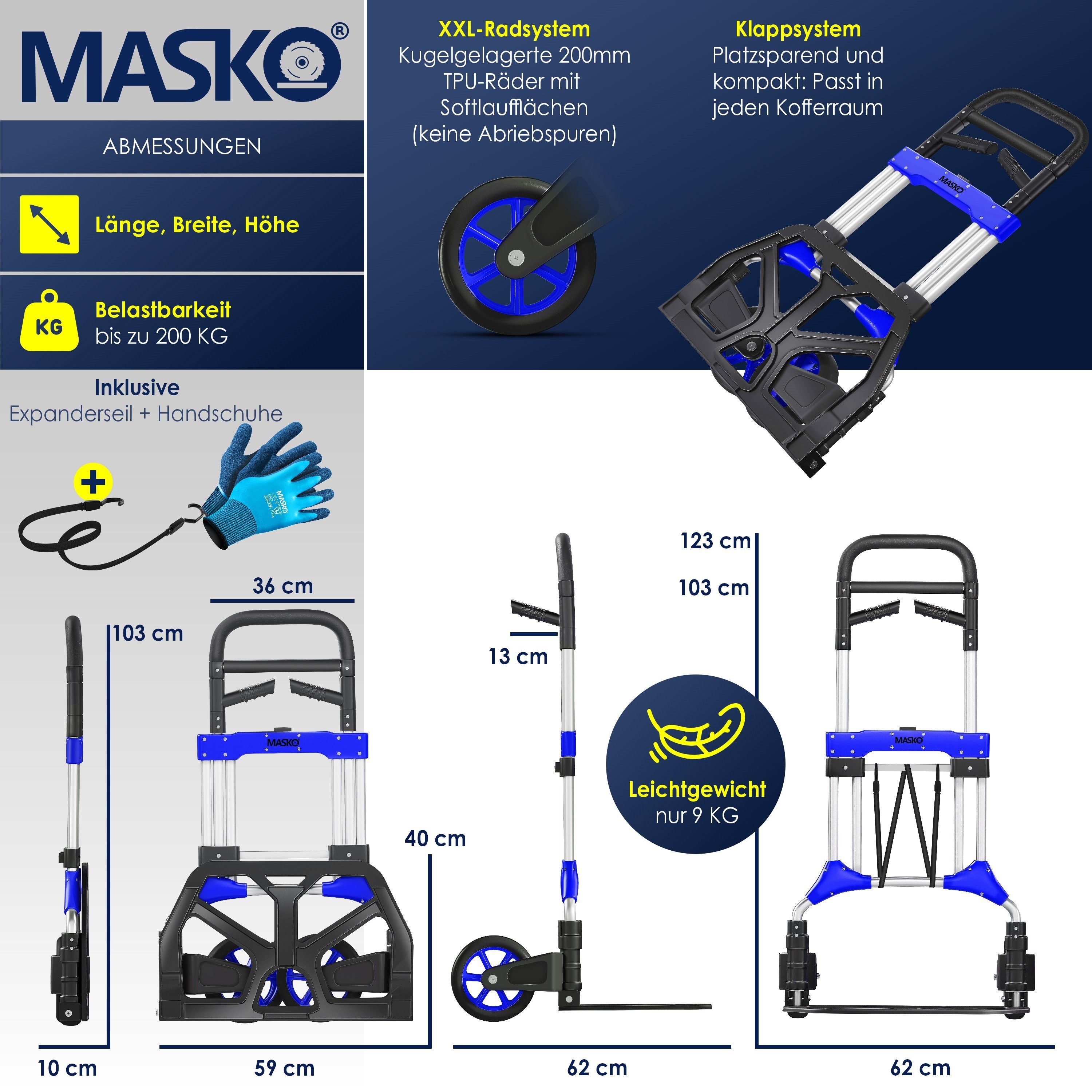 MASKO Sackkarre, Klappbar 200 kg Tragkraft inkl. Rädern Vollgummi
