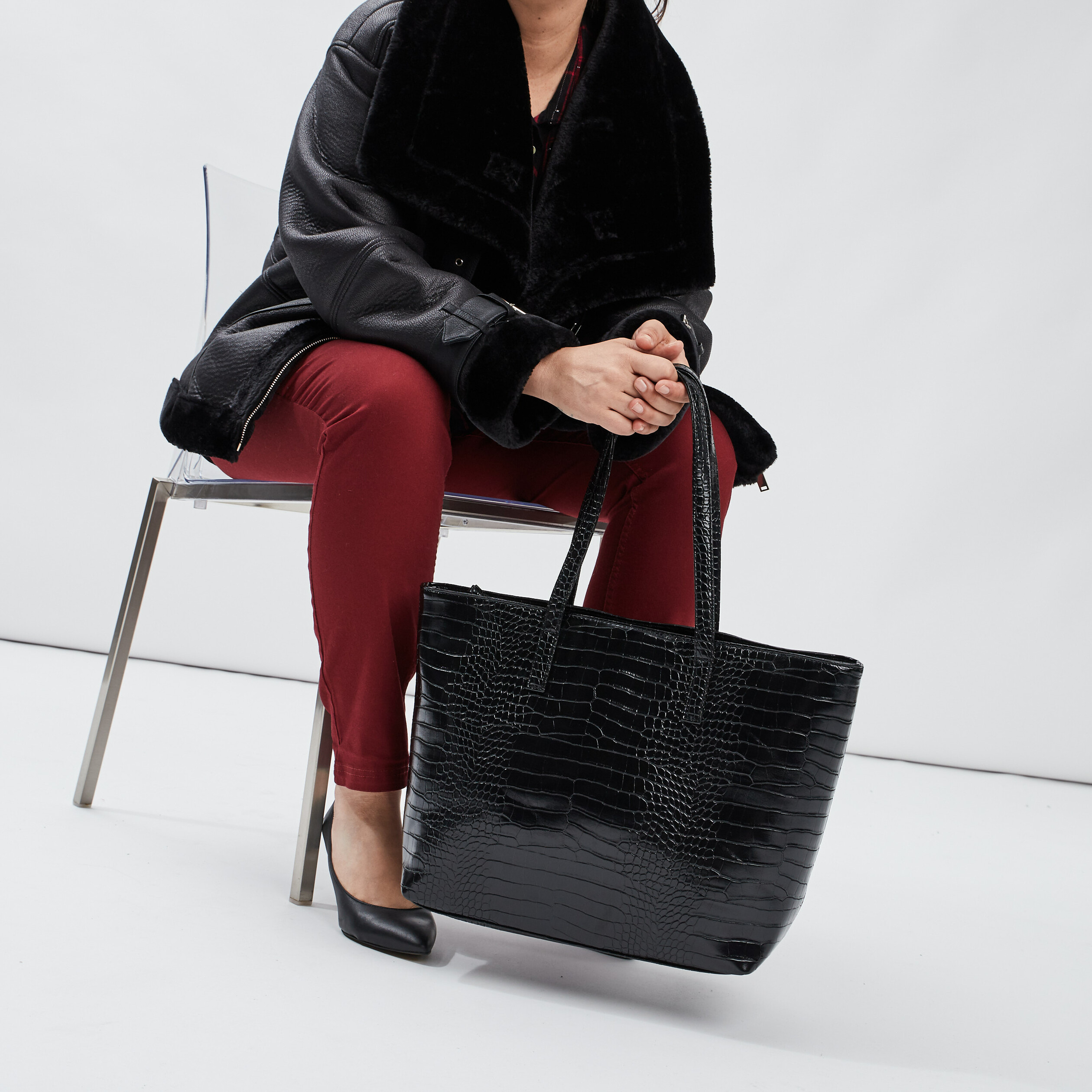 Sac cabas texturé noir femme | La Halle