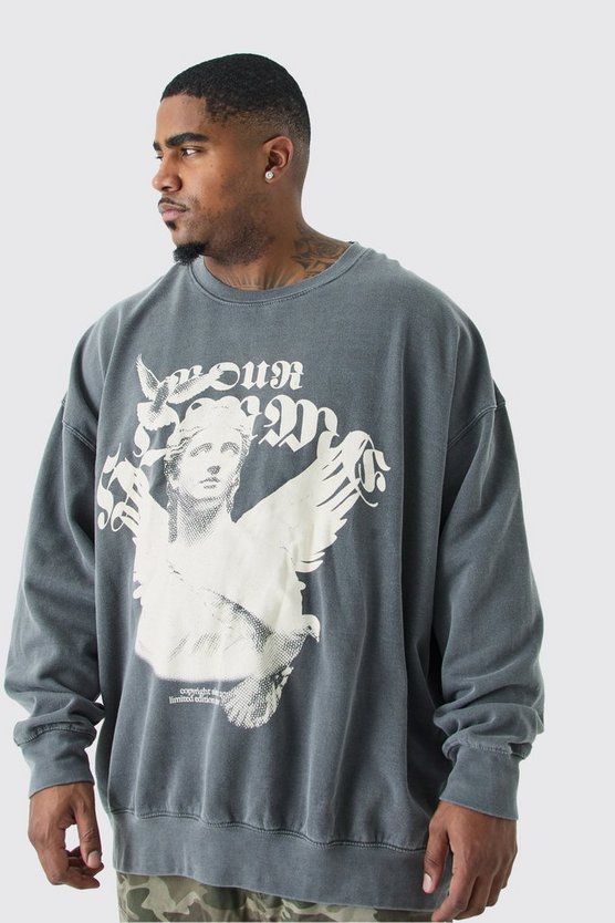 Plus Oversize Sweatshirt mit Acid-Waschung und Homme-Print