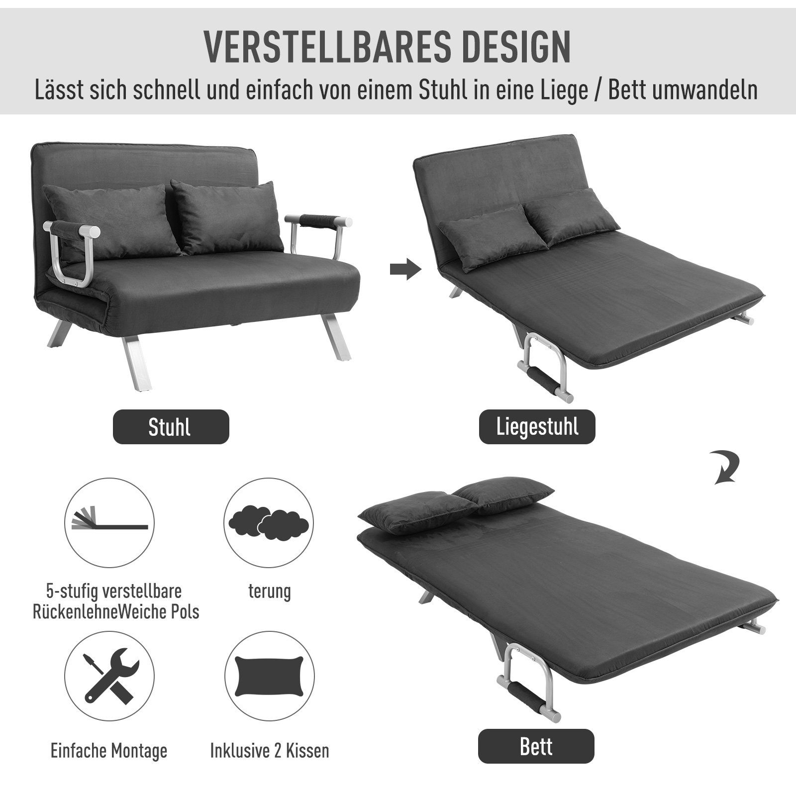 HOMCOM Schlafsofa Doppelsofa, Set 1 Teile, Schlafsessel Klappbett Gästebett Chaiselongue 3-in-1 Grau