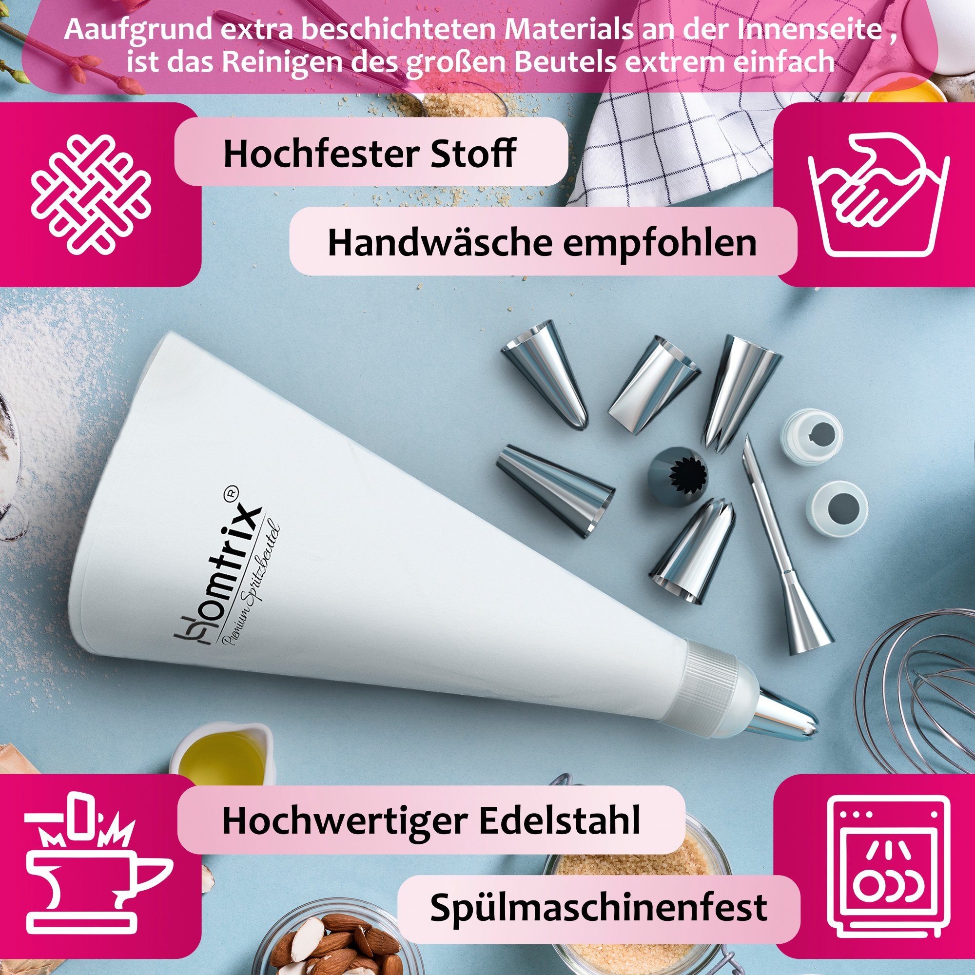 Homtrix Spritzbeutel (All in One Deko, 10-tlg) Großer Mehrweg Spritzsack mit 7 große Spritztüllen, Adapter