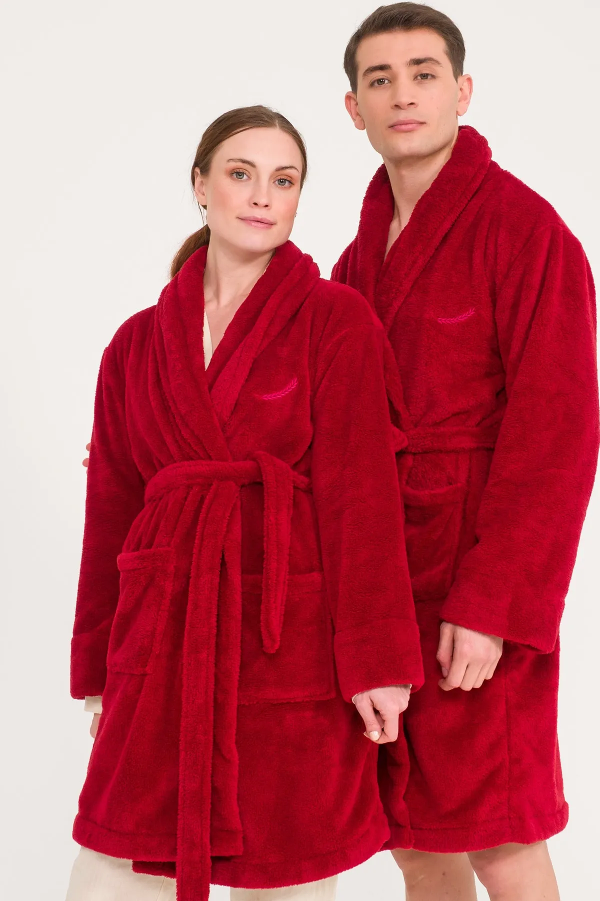 Miespiga  Schalkragen Welsoft Bordeauxrot Fleece-Bademantel Familienset