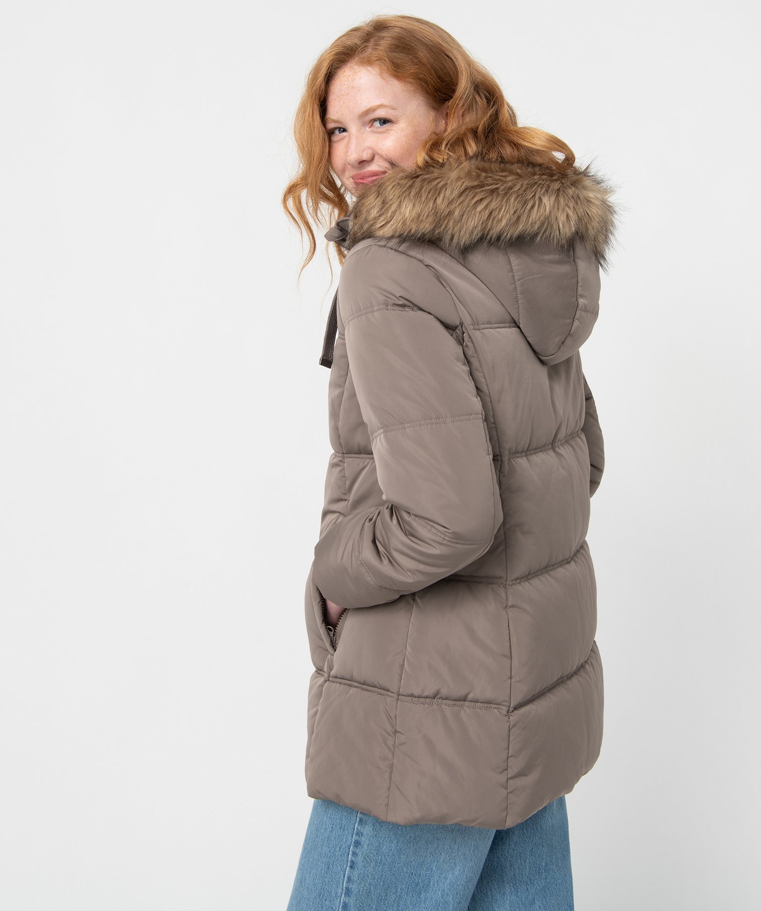 Blouson femme matelassé à col montant et capuche gris | GEMO