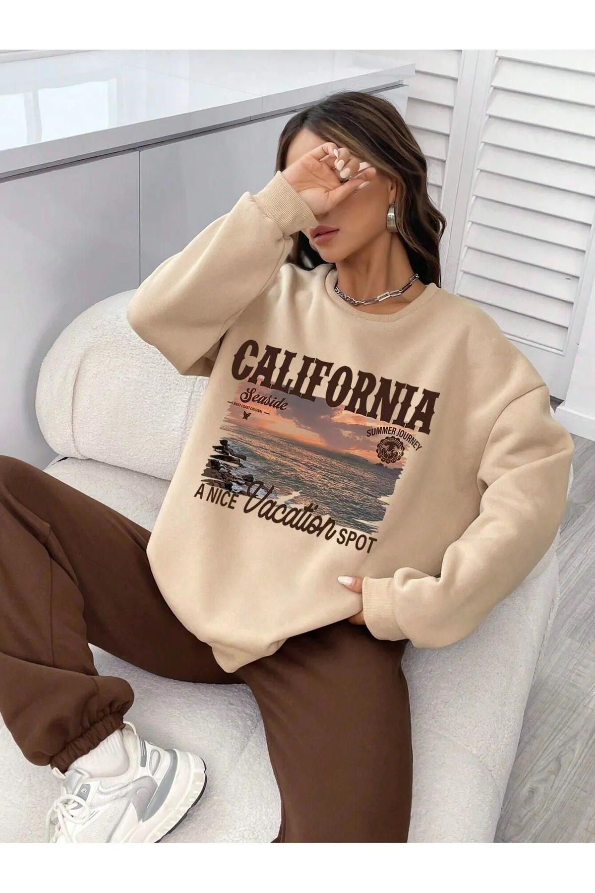 Know  Damen-Trainingsanzug-Set „California Seaside“ in Beige mit Übergröße und Oberteil