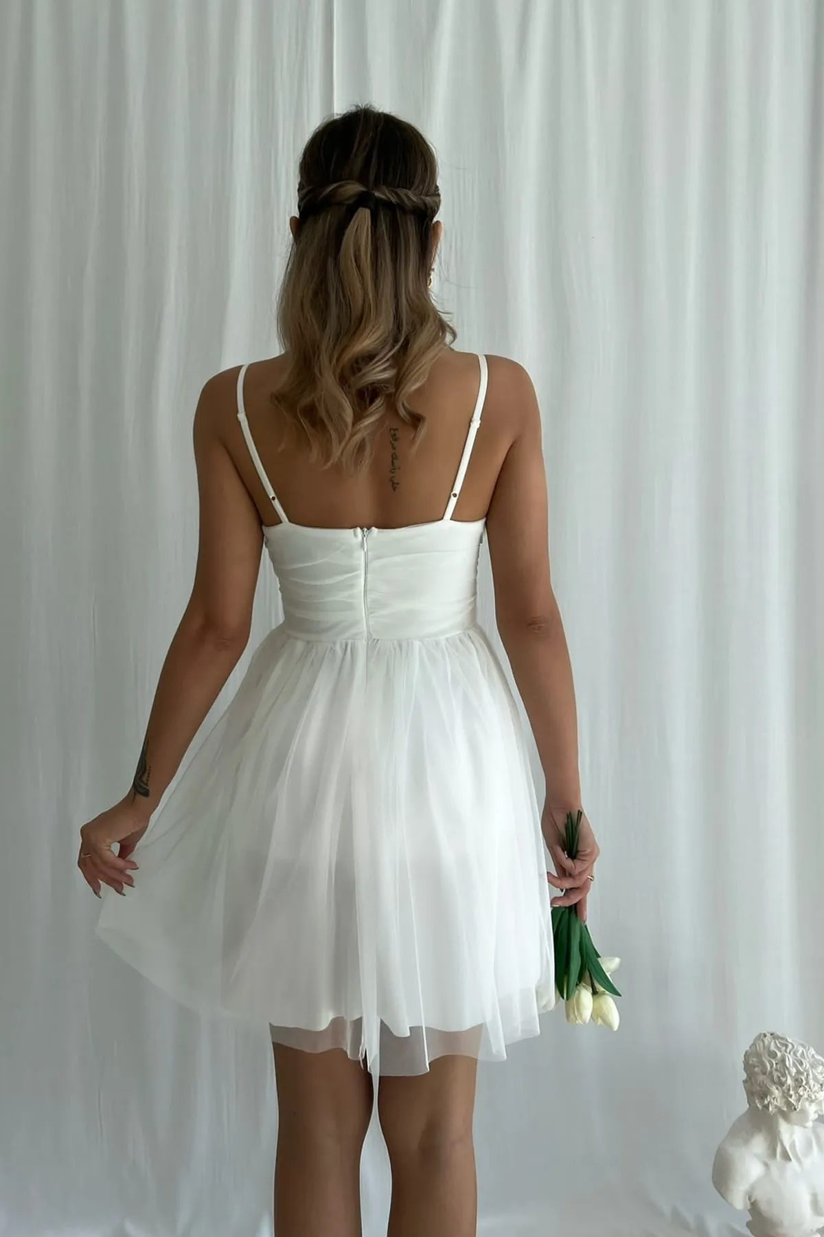 bayansepeti  Gefütterter Tüllstoff, ausgestellter Schnitt, weißes Kleid, weißes Verlobungskleid 139