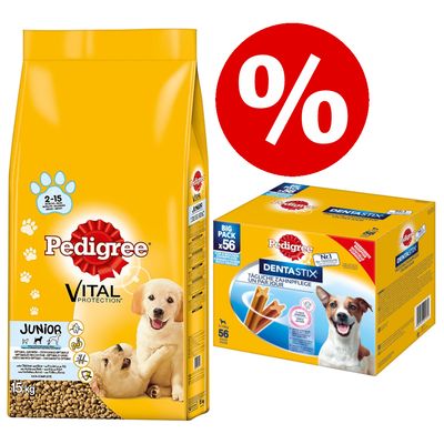15 kg Pedigree Junior + 56 St. Dentastix für kleine Hunde zum Sonderpreis!