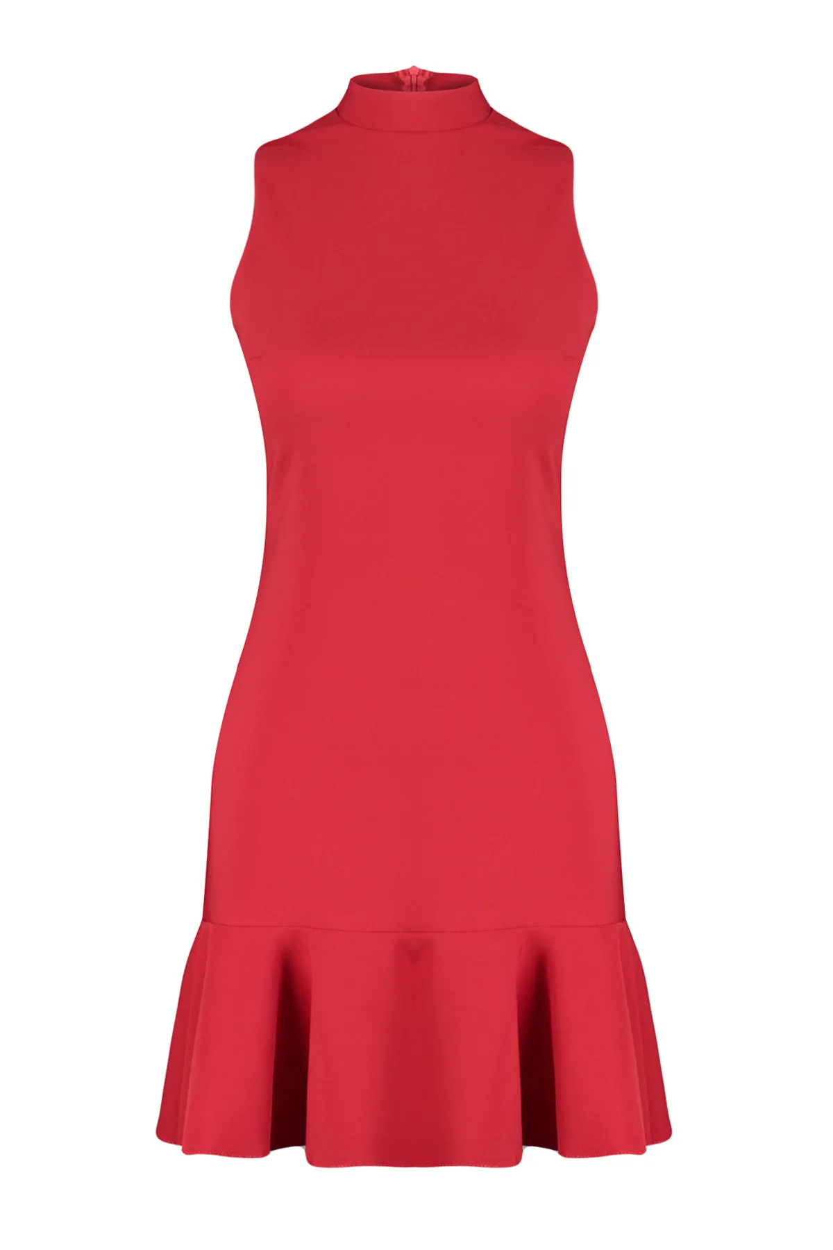 Trendyol Collection  Roter, taillierter Rock, Volant, Stehkragen, ärmelloses Mini-Webkleid TWOSS24EL00602