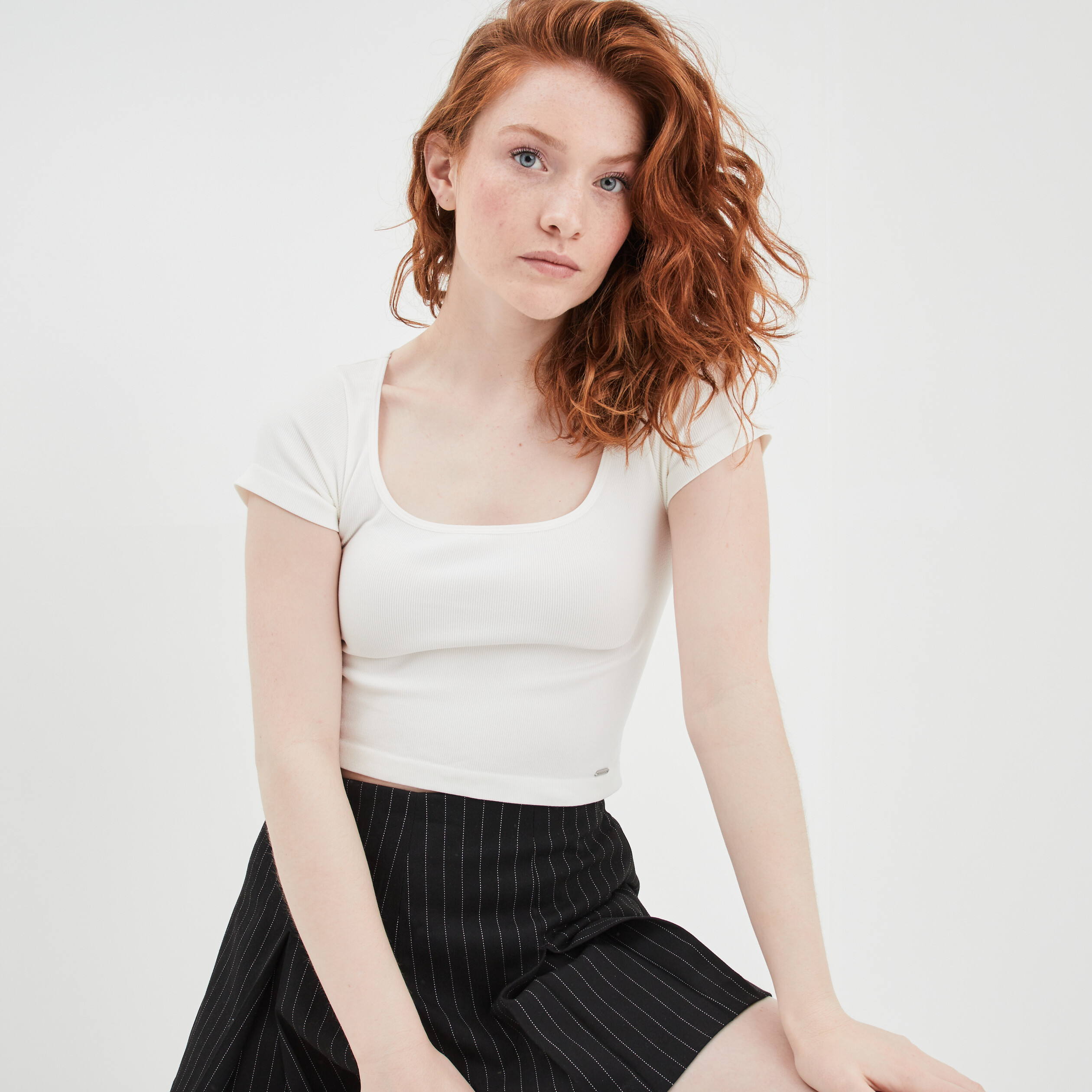 T-shirt cropped encolure carrée Creeks blanc femme | La Halle