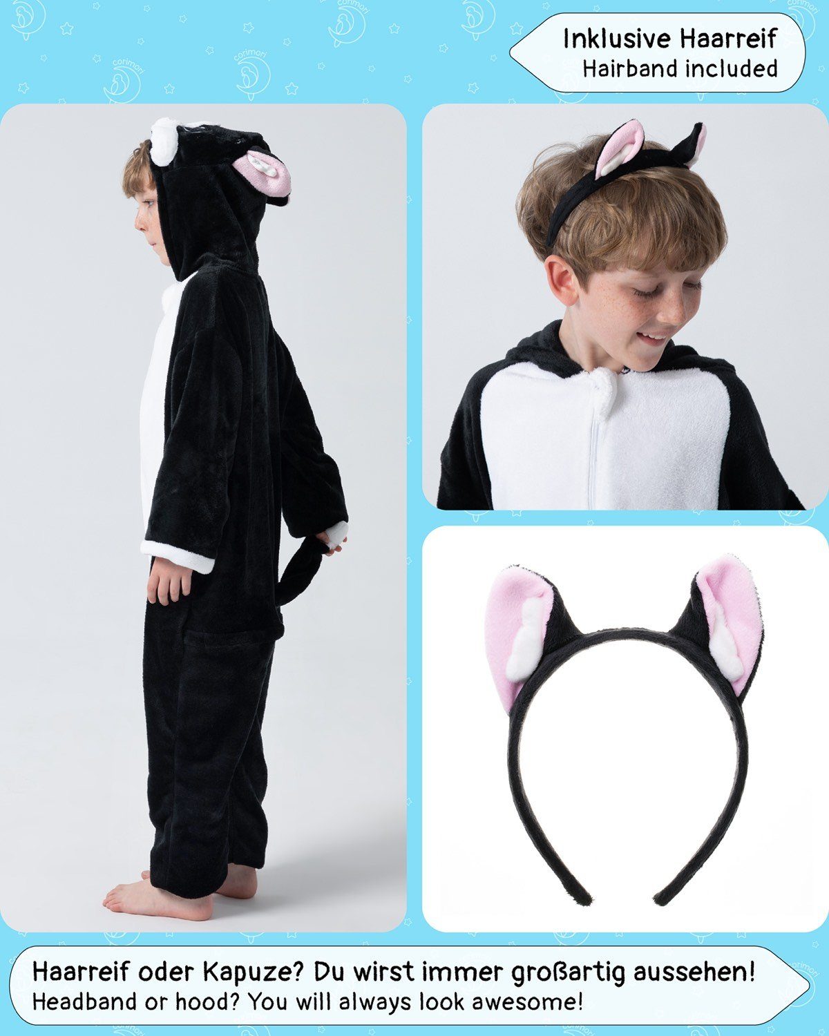 Corimori Jumpsuit Flauschiges Katzen-Kostüm für Kinder (2-tlg) mit Haarreif, Jungen, Mädchen, Verkleidung, schwarz-weiß, Fasching