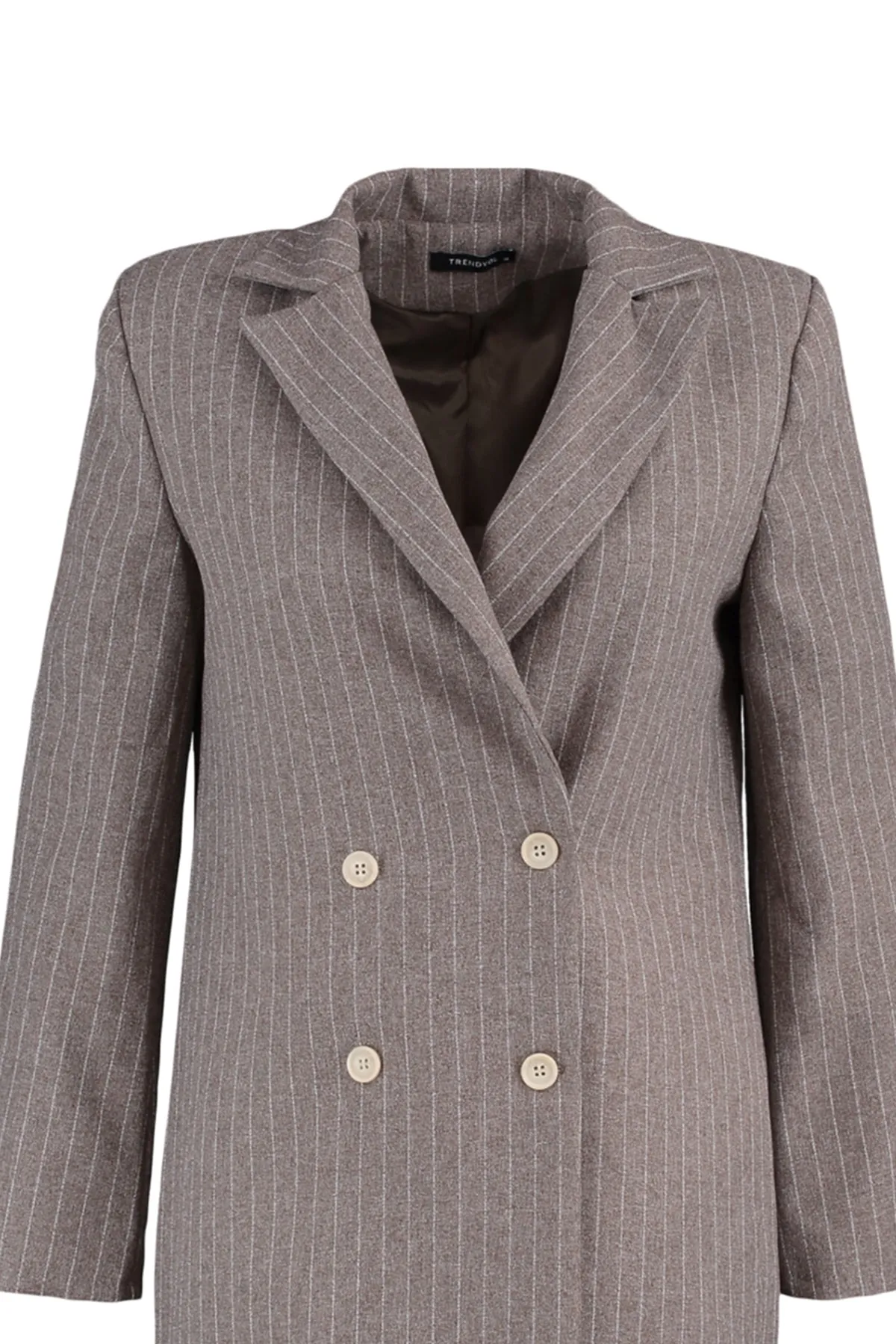 Trendyol Collection  Braune, regelmäßig gefütterte, zweireihige, gewebte Blazerjacke mit Streifenverschluss TWOAW23CE00100