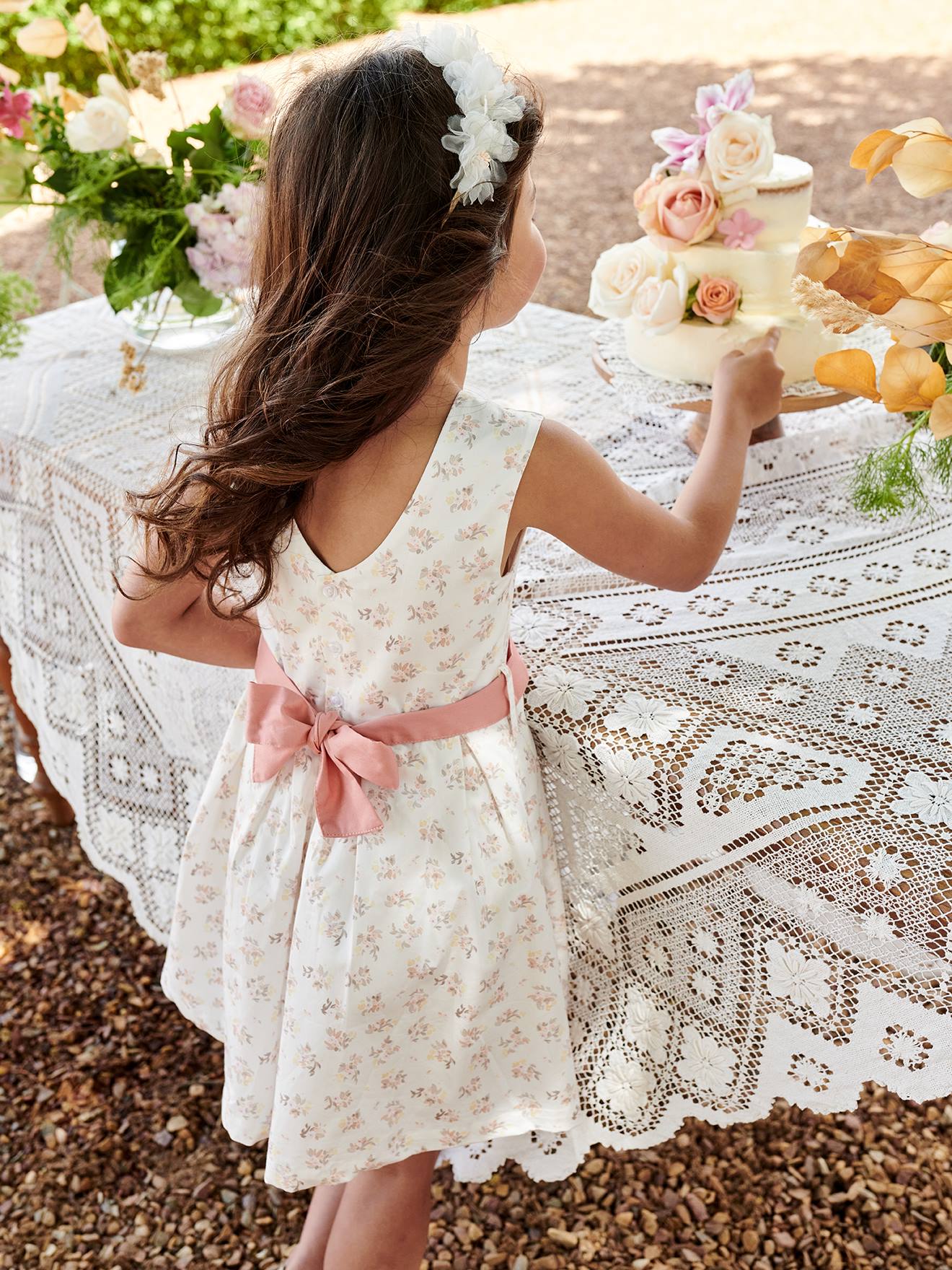 Robe de cérémonie fille motifs fleurs écru