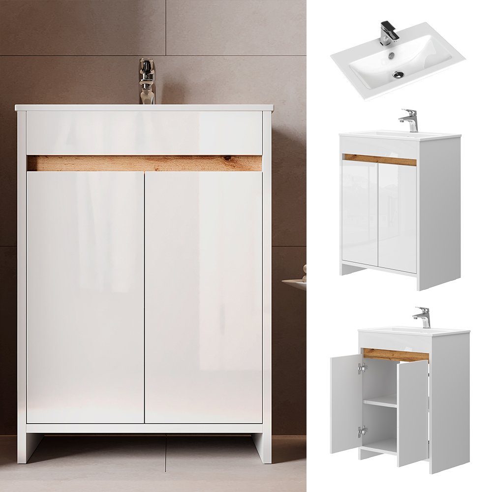 Vicco Badmöbel-Set Waschtisch mit Waschbecken LEMGO Weiß, (2-St., 2-er Set)