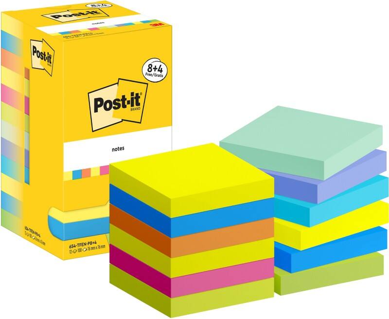 Post-it Energetic Haftnotizen Quadratisch 76 x 76 mm Blanko Farbig Sortiert 654-MX-P8 4 100 Vorteilspack 8   4 Gratis