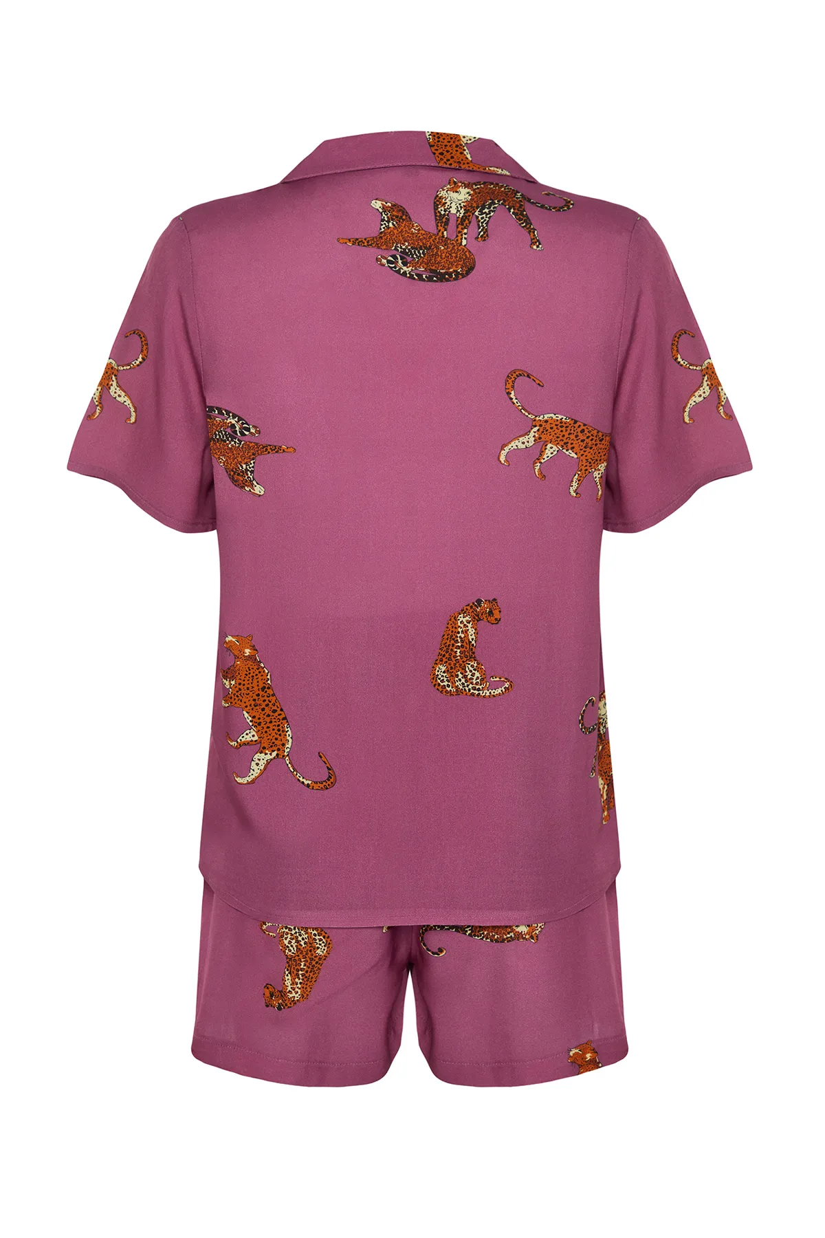 Trendyol Collection  Dunkelrosafarbenes, gewebtes Pyjama-Set mit Hemd und Shorts aus Viskose mit Tiermuster THMSS21PT1501