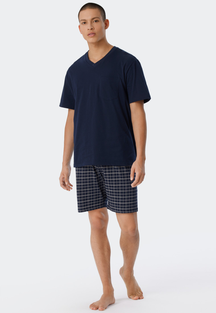 Schlafanzug kurz Jersey V-Ausschnitt blau - Ebony