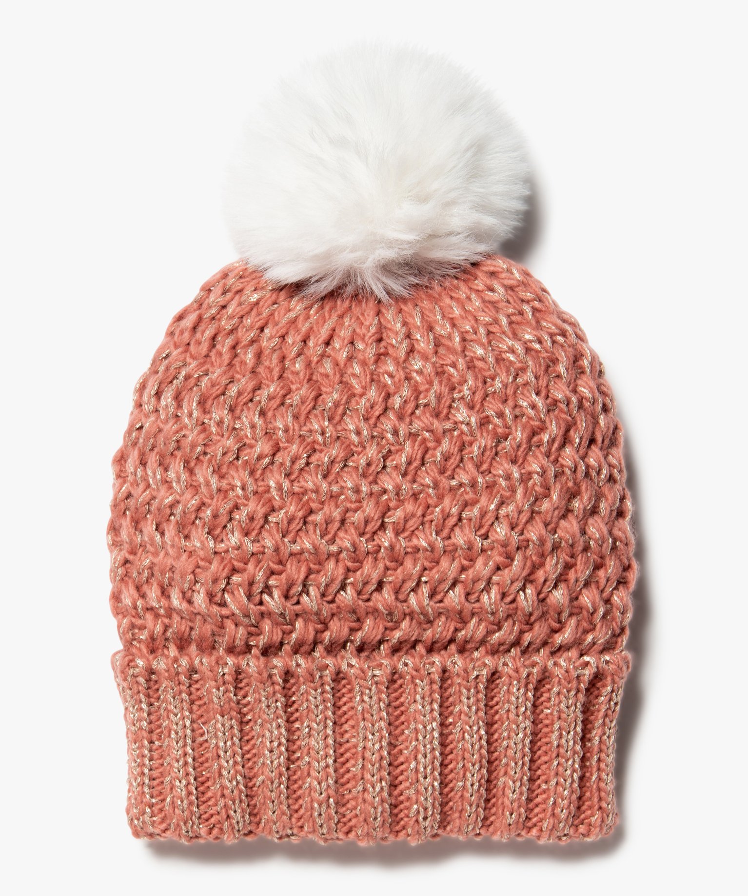 Bonnet fille en grosse maille brillante à pompon peluche rose | GEMO