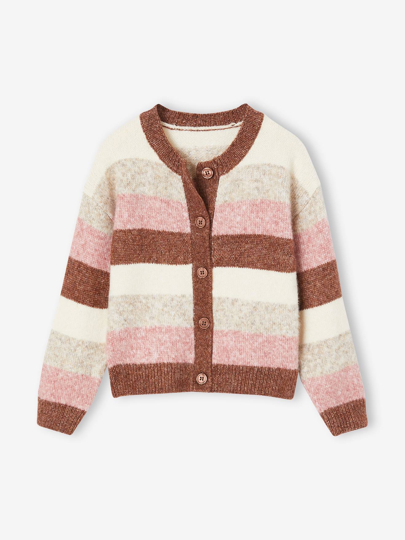 Gilet rayé maille mousseuse fille camel