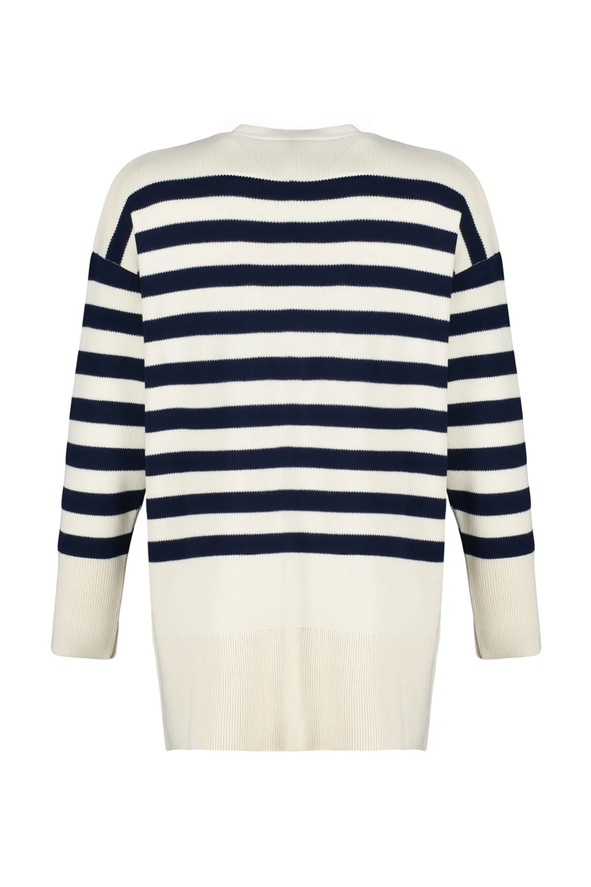 Trendyol Modest  Gestreifte Strickjacke mit V-Ausschnitt in Steinmarineblau TCTAW24TH00034