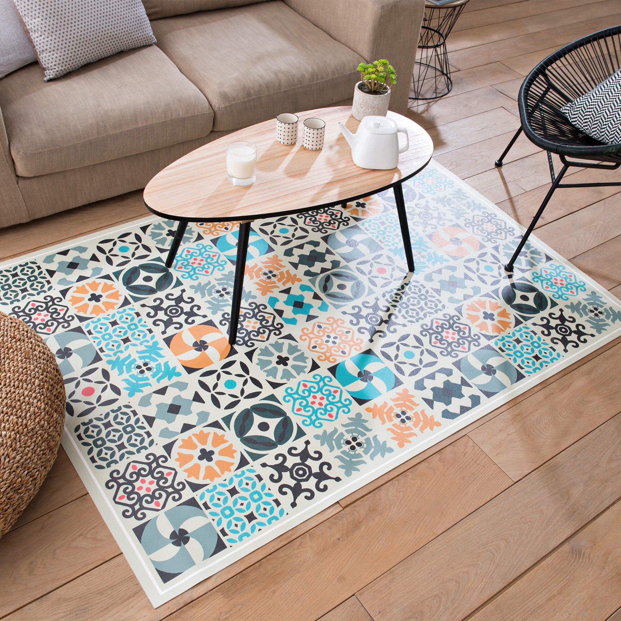Tapis vinyle effet carreaux ciment couleur