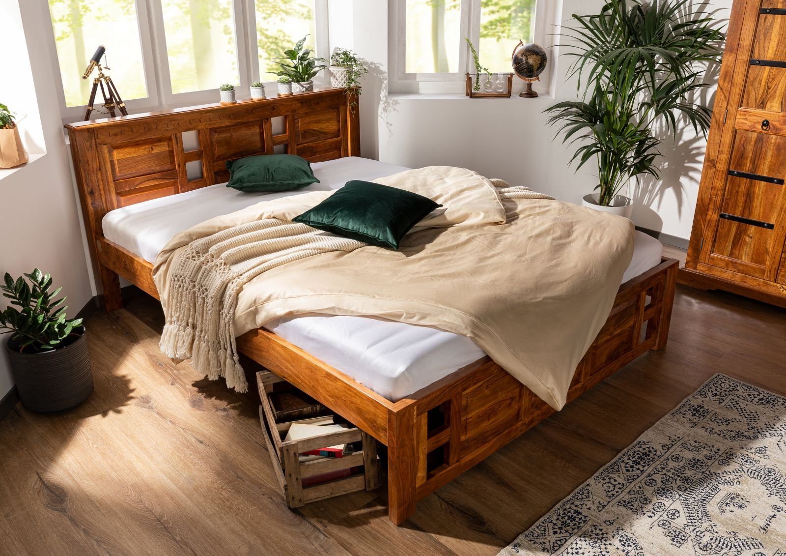 Massivmoebel24 Massivholzbett Bett Akazie 140x200x90 honig lackiert OXFORD #0251