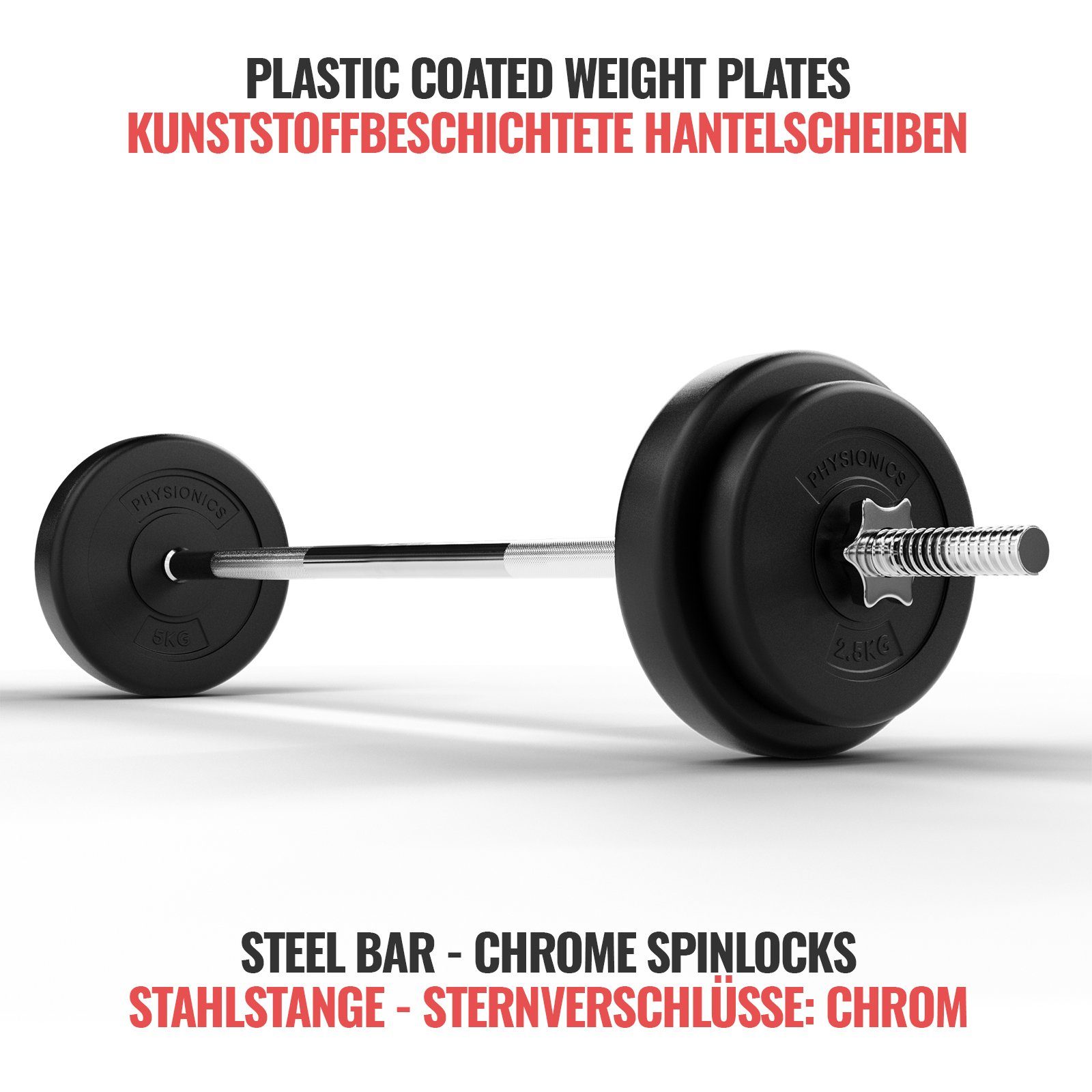 Physionics Langhantelstange Langhantel Set - Langhantel 120/165/180 cm, aus Stahl