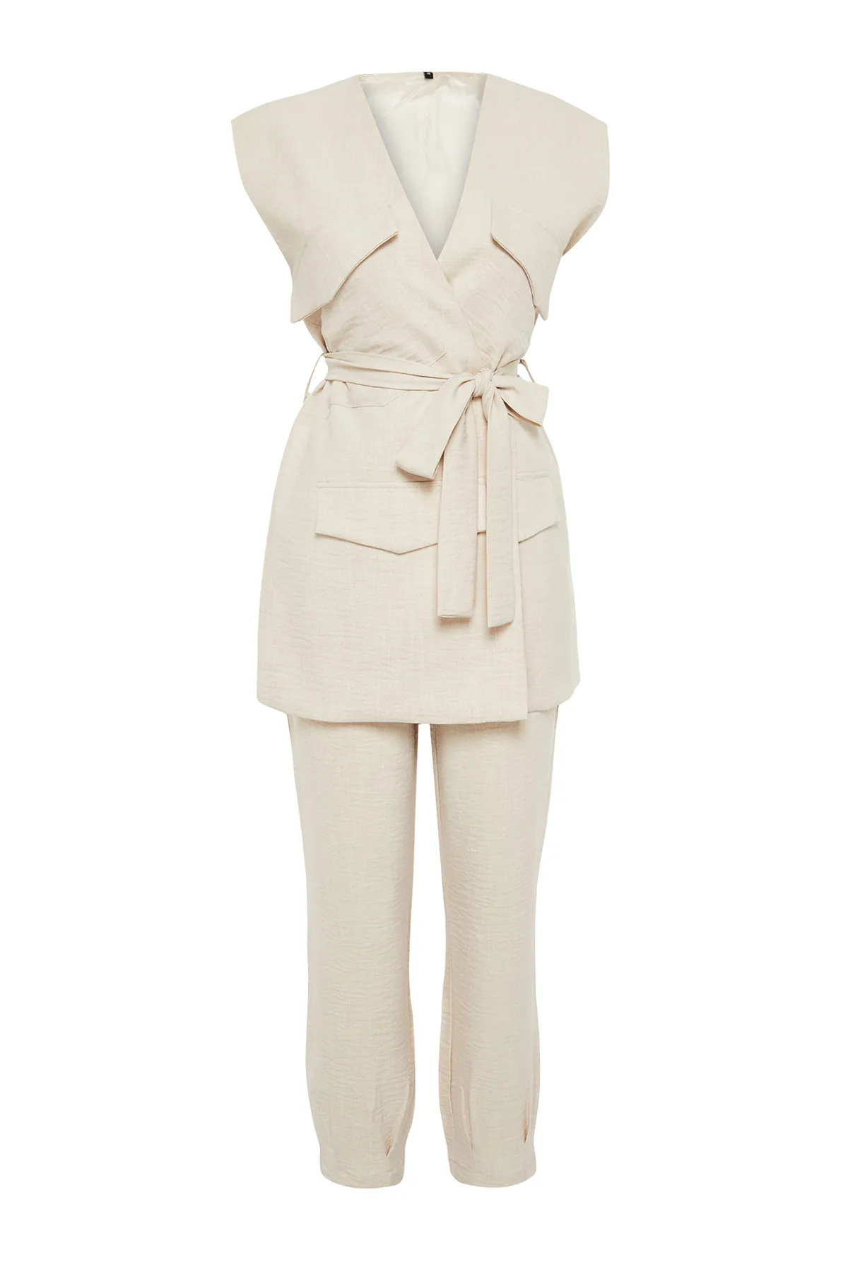 Trendyol Modest  Steinfarbener Anzug mit Weste und Hose in Leinenoptik, gewebter Unterteil und Oberteil TCTSS24US00023