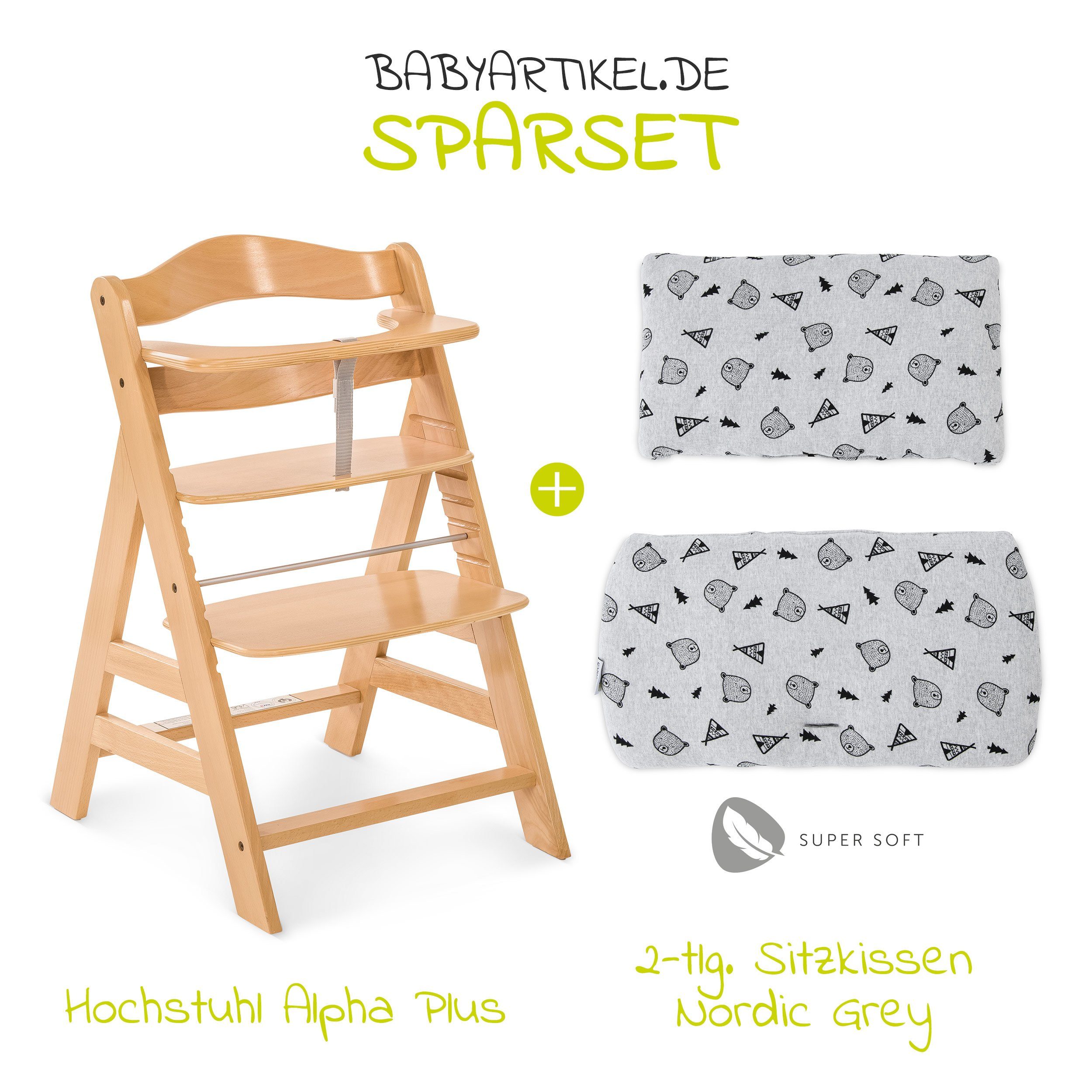 Hauck Hochstuhl Hauck Alpha Plus Natur, Mitwachsender Holz Kinderhochstuhl mit Sitzauflage höhenverstellbar