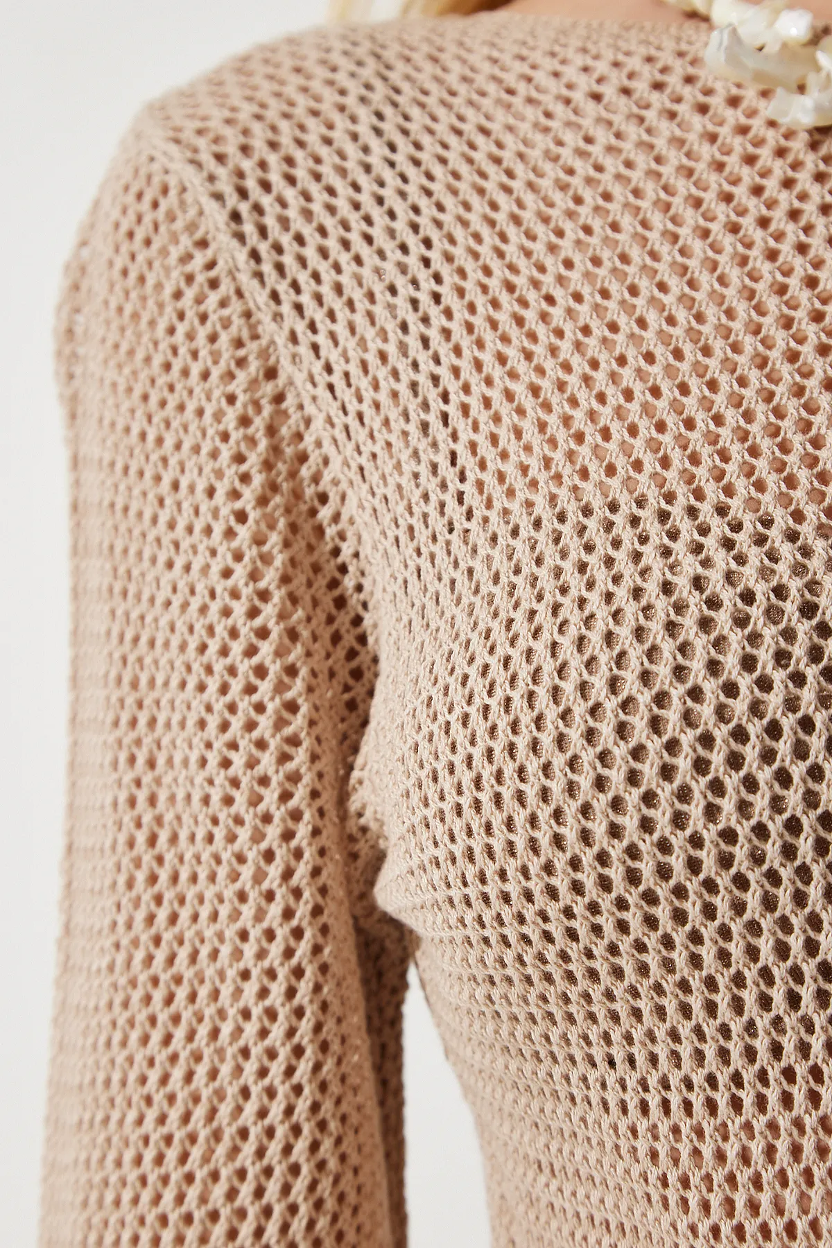 Happiness İstanbul  Dunkelbeiges, durchsichtiges, langes Strickkleid mit Rollkragen für Damen PF00064