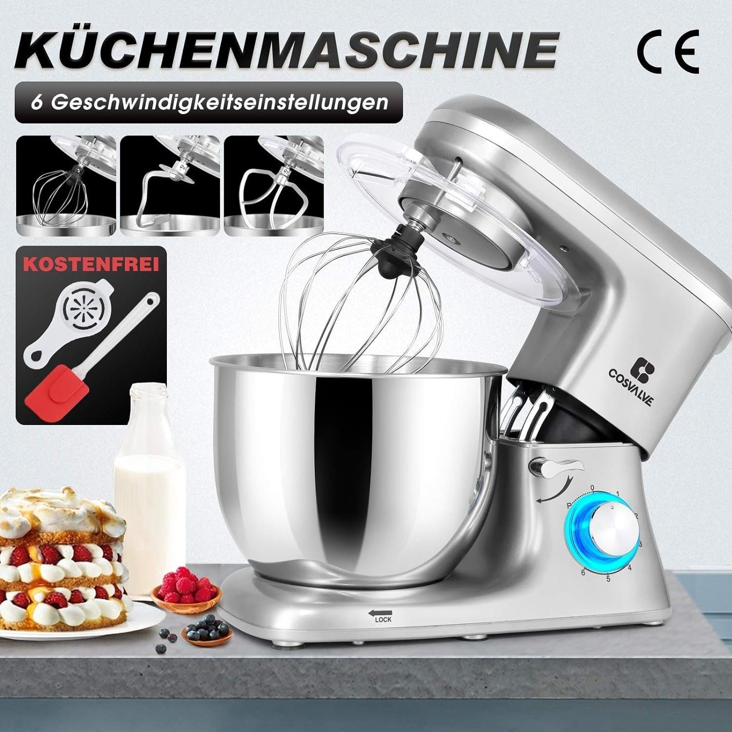 Powerwill Küchenmaschine Multifunktions-Küchenmaschine Knetmaschine mit 7L Schüssel, 1400,00 W, mit Schneebesen, Rührbesen und Knethaken Silber