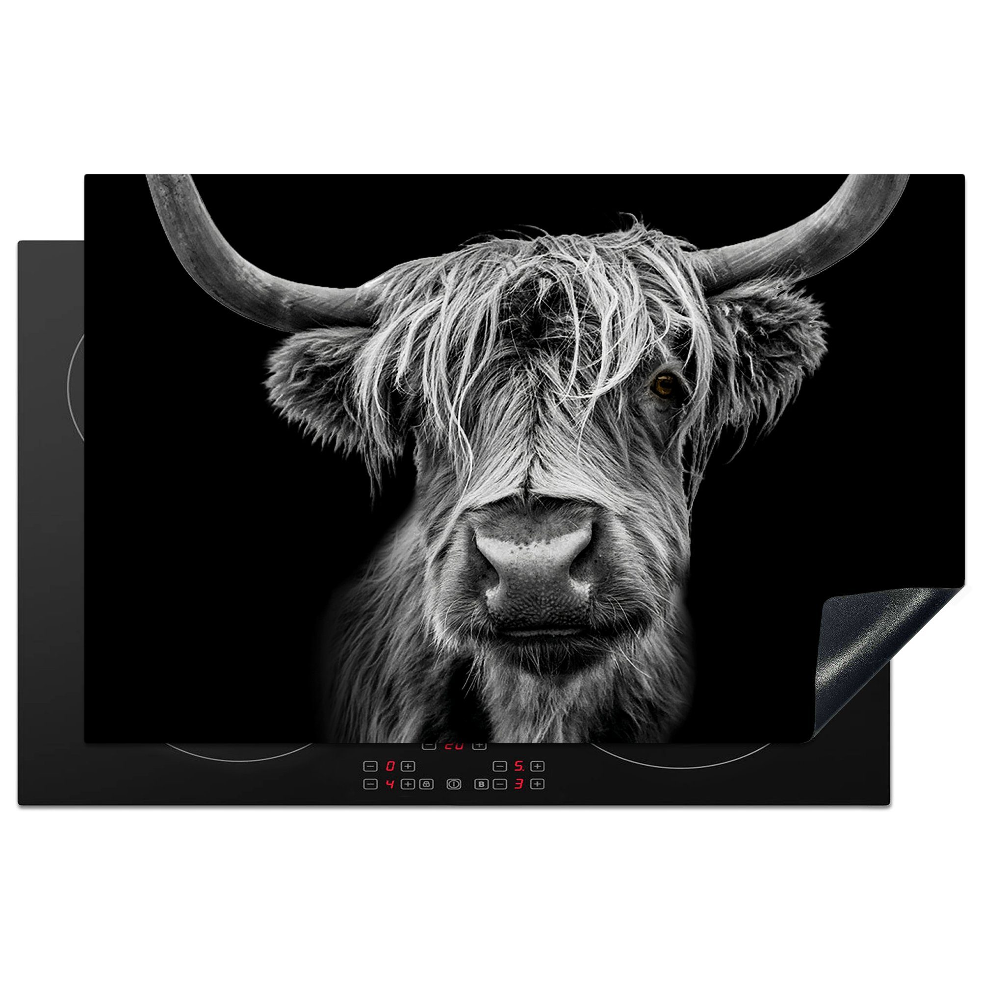 MuchoWow Herdblende-/Abdeckplatte Schottischer Highlander - Hörner - Schwarz - Weiß - Kuh - Wild - Tiere, Vinyl, (1 tlg), 81x52 cm, Induktionskochfeld Schutz für die küche, Ceranfeldabdeckung