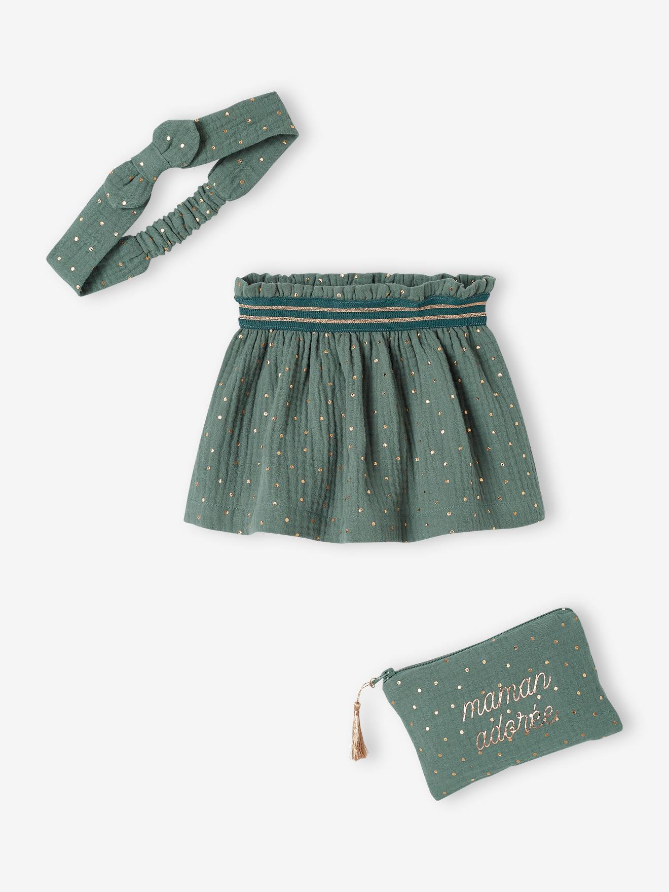 Vertbaudet Baby-Set: Rock, Haarband & bestickte Tasche - smaragdgrün