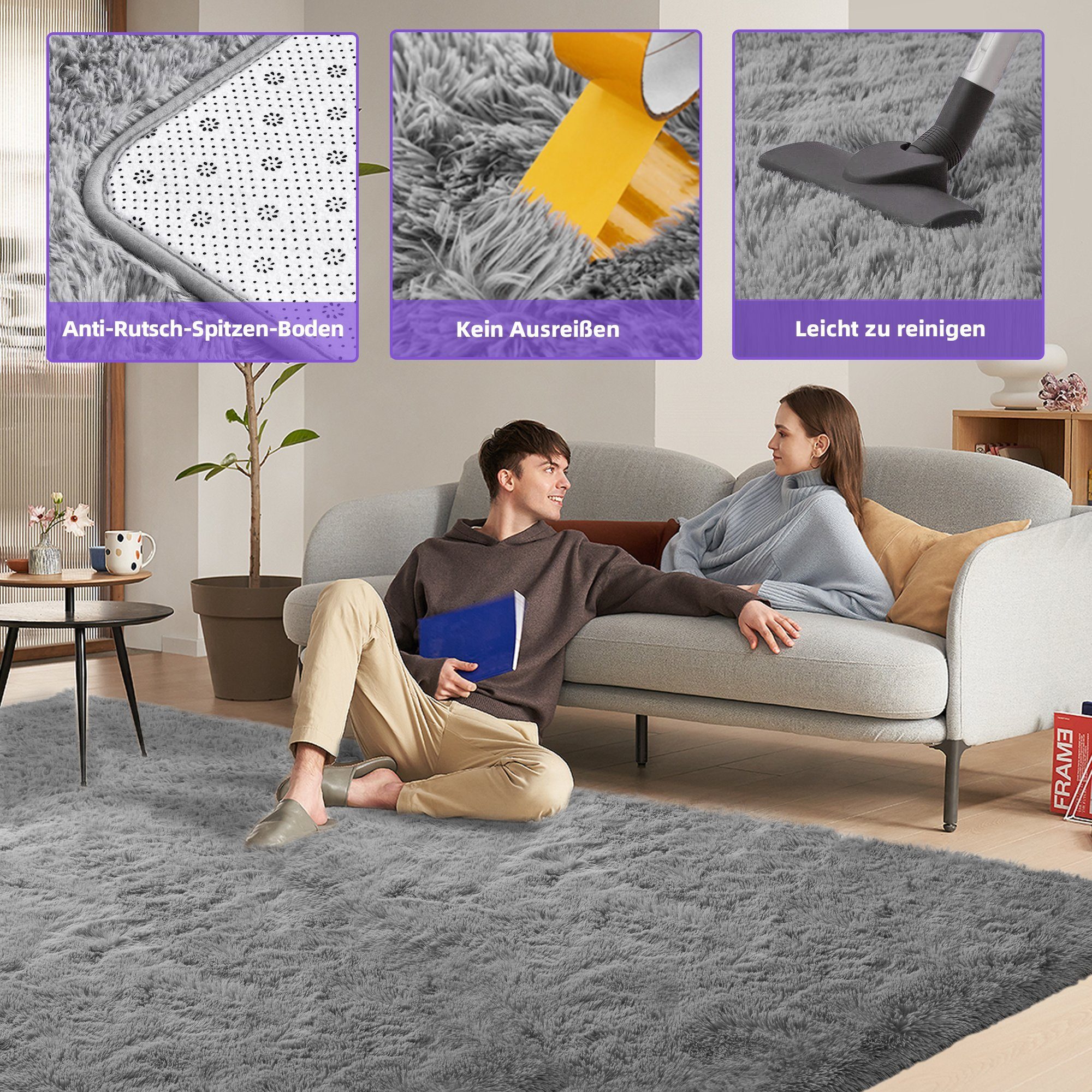 Hochflor-Teppich weicher & flauschiger dick warm Flächenteppich, modern Boden Home Deko, NEFOSO, rechteckig, Höhe: 43 mm, waschbarer Teppich, einfarbig, Shaggy, Home Teppich, 243,8x152,4 cm