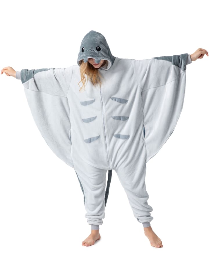 Corimori Flauschiges Manta Rochen-Kostüm für Erwachsene mit Haarreif | Kostüm Onesie in Grau günstig kaufen