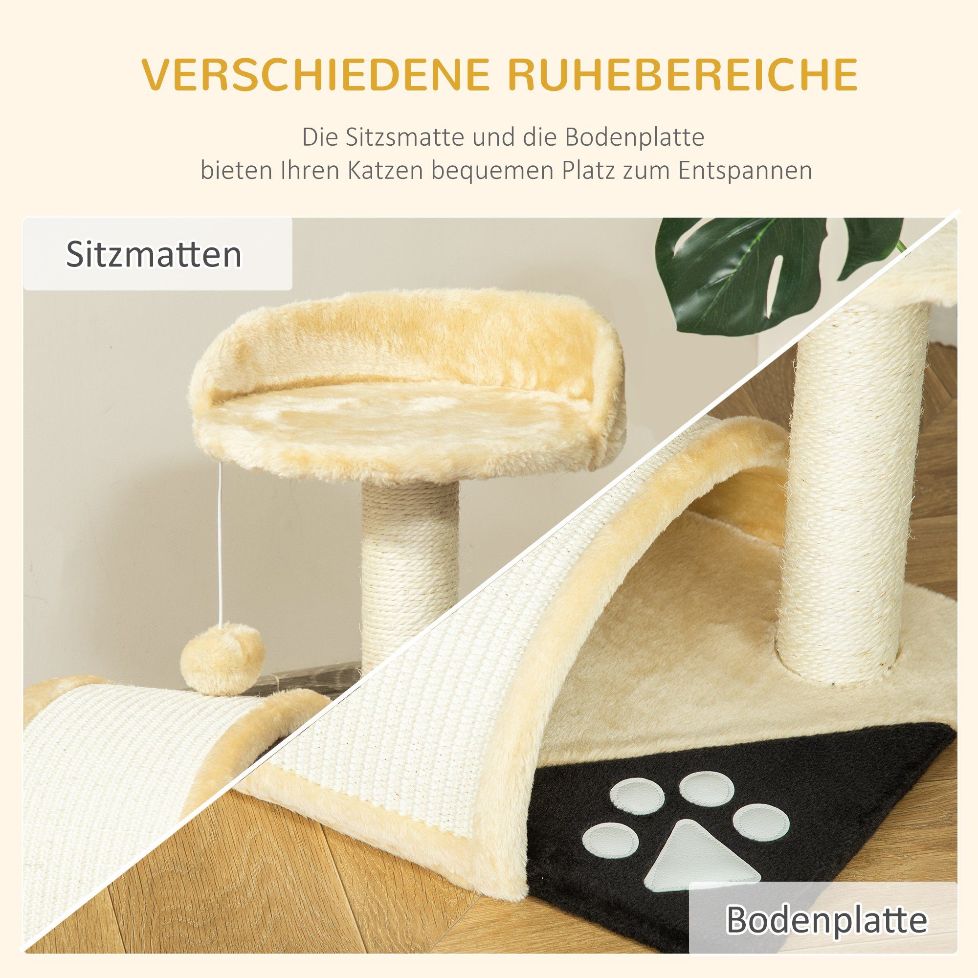 PawHut Kratzbaum Katzenbaum mit Spielbällen Sisalseil-Kratzstangen, Beige, 35.5L x 37B x 46H cm