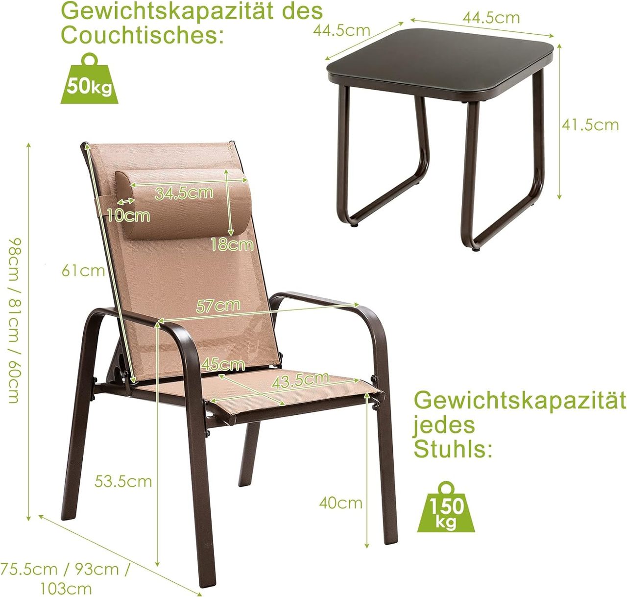 Costway 3tlg. Bistroset Balkonset, Couchtisch aus Hartglas & 2 stapelbare Stühle
