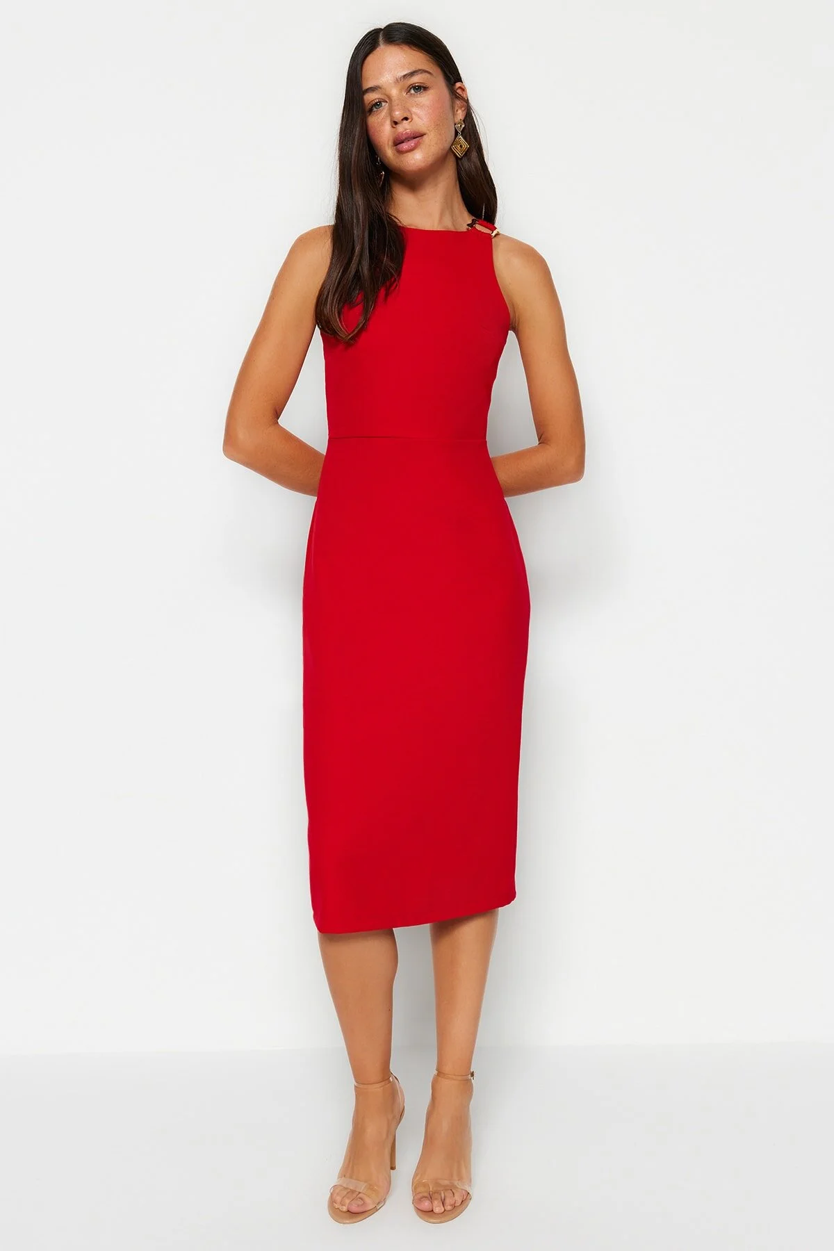Trendyol Collection  Rotes Accessoire, detailliertes, tailliertes/tailliertes Midi-Webkleid TWOSS23EL02115