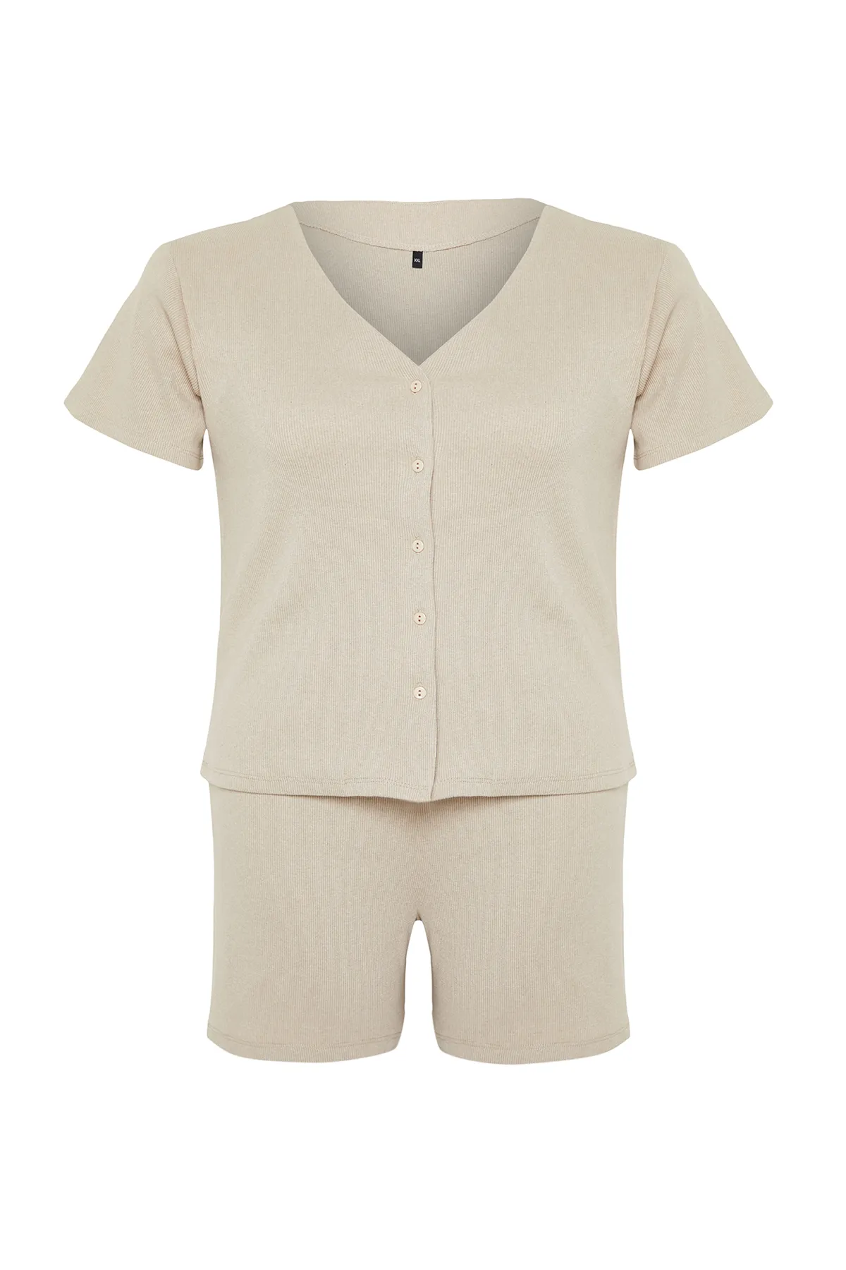 Trendyol Curve  Beiges Pyjama-Set aus besticktem Strick mit Kordelzug TBBSS24AI00019